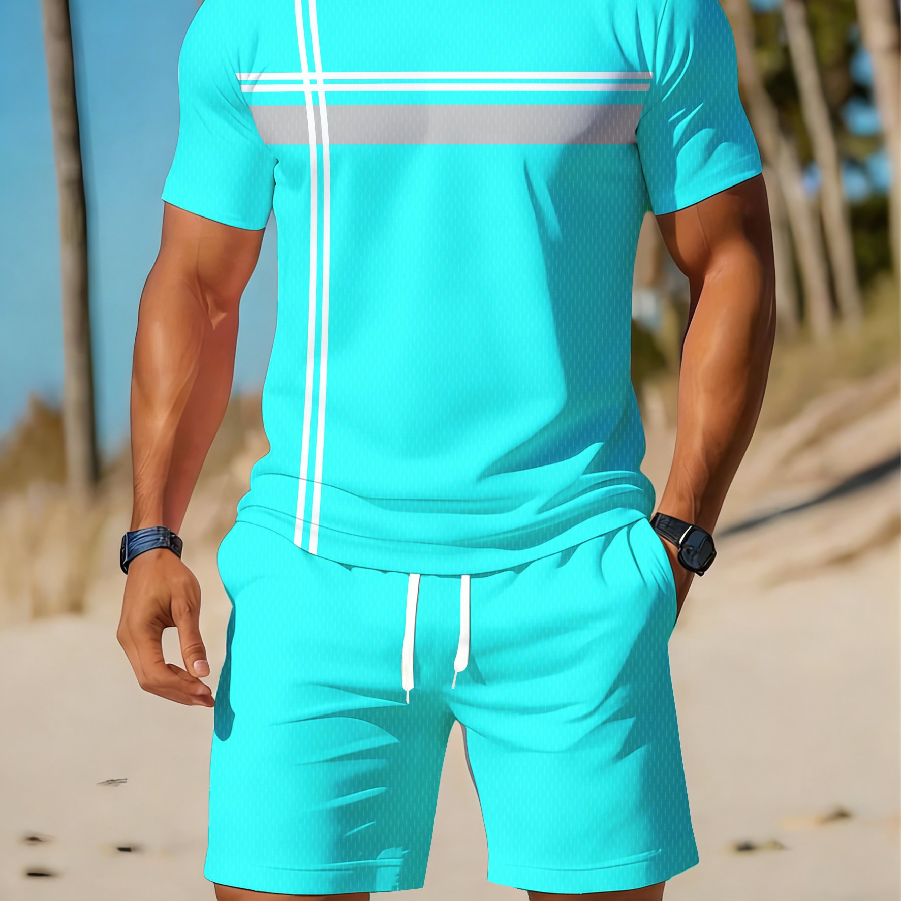 TEMU Men's 2pcs Set, Men's Round Neck Short Sleeve T-shirt And Shorts Outfit, Breathable Athletic , Gift For Men
