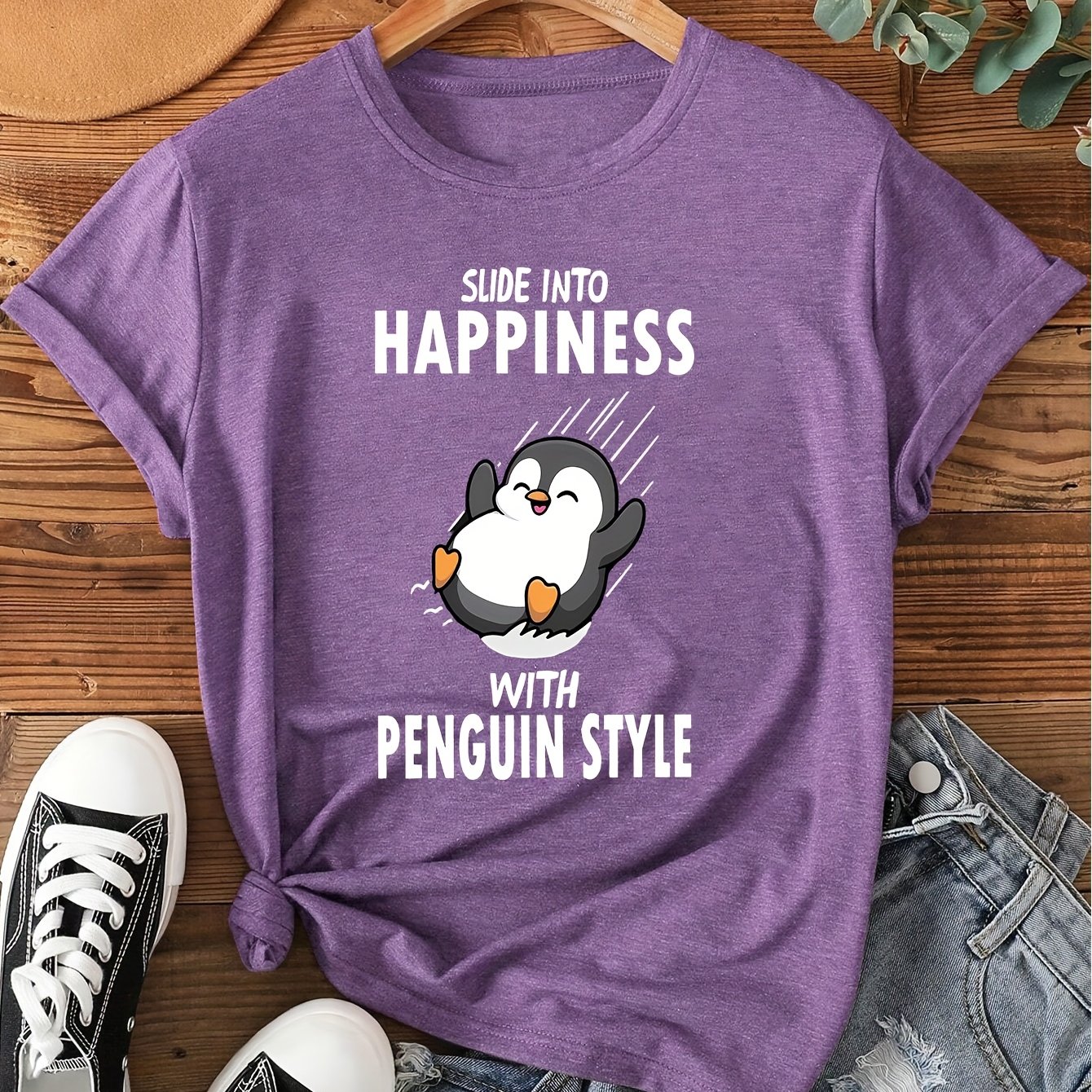 TEMU Ladies' Penguin Happy Sliding Print Round Neck Casual Fashion Commuting Daily Retro Style Autumn And Winter Wear For Women Short Sleeve Fresh
