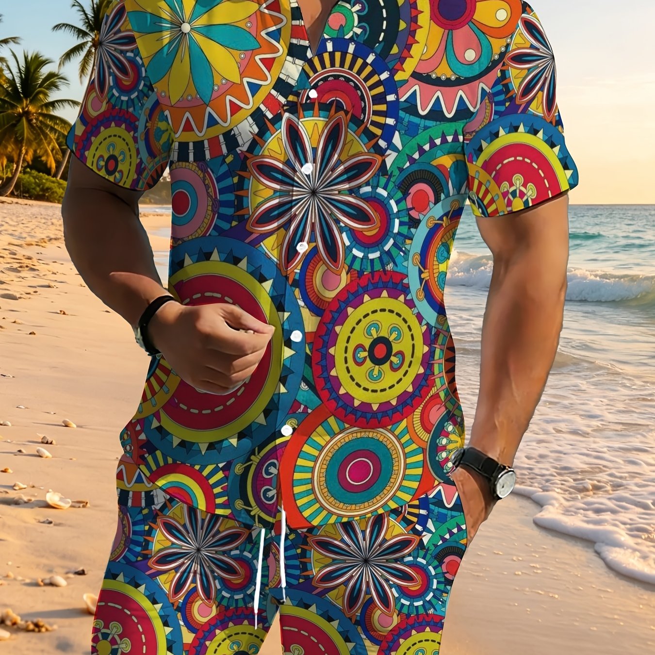 TEMU [printed Design Not Textured]men's Colorful Floral Lounge Set Polyester Lightweight Comfortable Brthable Shorts Shirt For B Vacation Home