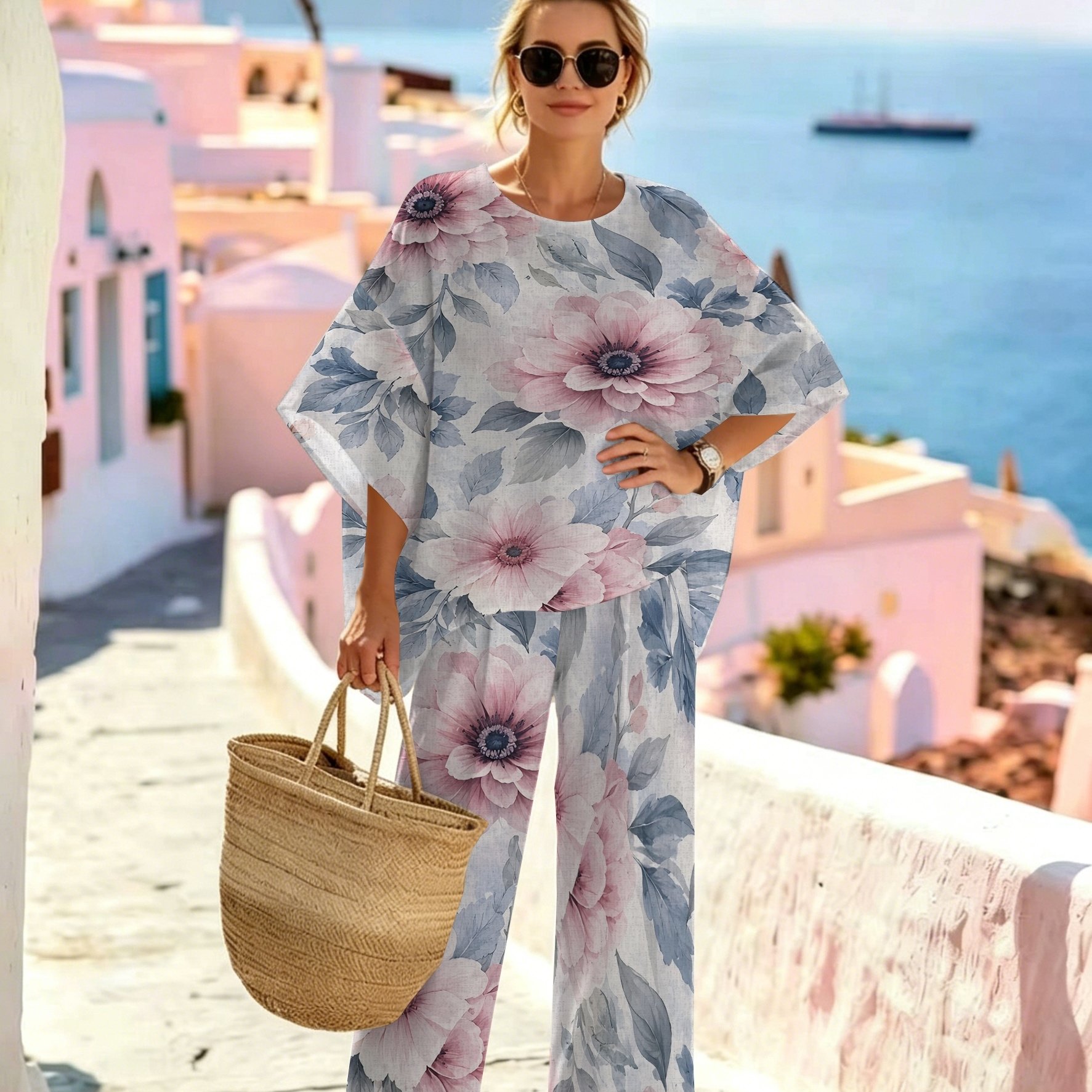 Image of Soft Pink And Yellow Tones, Gradient Texture Details, Loose And , Short-sleeved Top With Wide-leg Pants, Suitable For Home And , Combining Style And Practicality