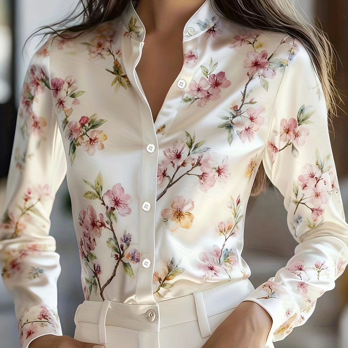 E-shop Elegante Sonderedition Damen Satin-Druckhemd - Langarm mit Knopfleiste, Klassischer Kragen, Mittlere Dehnbarkeit Maschinenwaschbar, Geeignet für