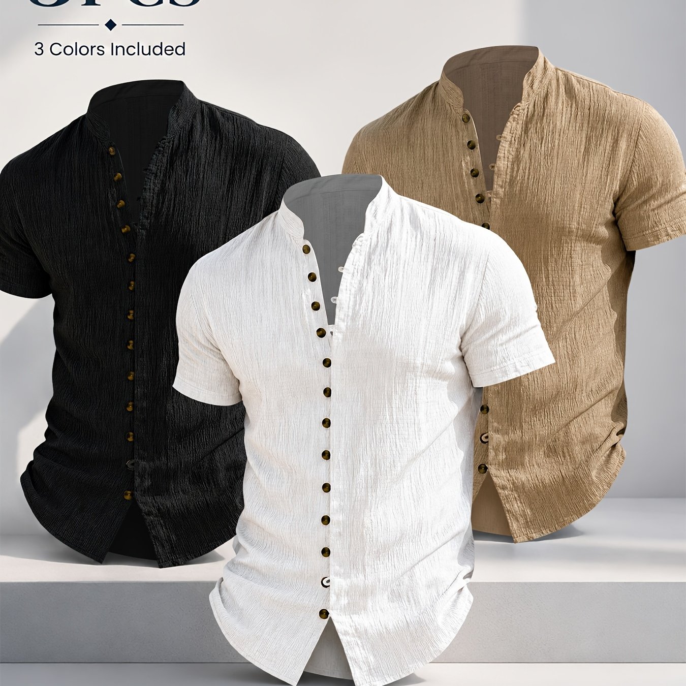 TEMU Obm 3pcs Men's Summer Short-sleeve Casual Shirt - Lightweight And Breathable Solid Color Stand Collar Shirt With Multiple Buttons | Machine