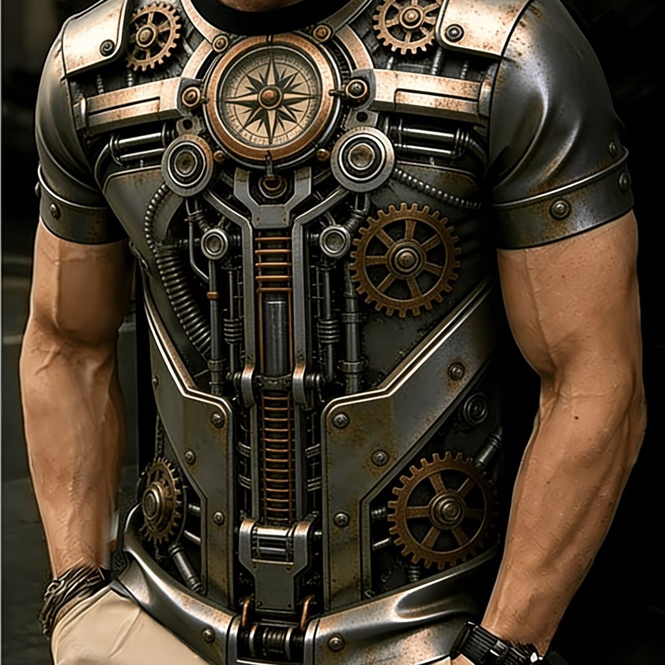 TEMU Men's Print Mecha Full-body Print T-shirt - Breathable Knit With Stretch, Futuristic Armor Design Featuring Mechanical Panels And Blue Glossy
