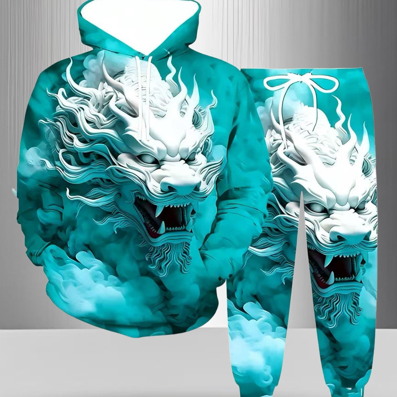 TEMU 2pcs Men's & Women's Dragon Print Hooded Sweatshirt & Joggers Set - Korean-style Streetwear Matching Tracksuit With Kangaroo Pocket, Casual Gym