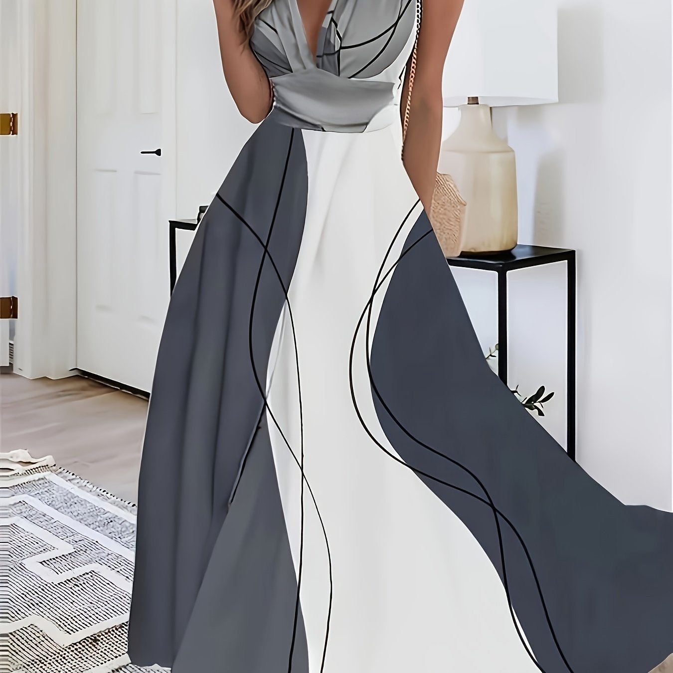 European And Deep V Sleeveless Spliced Flared Long Dress Elegant Dress
