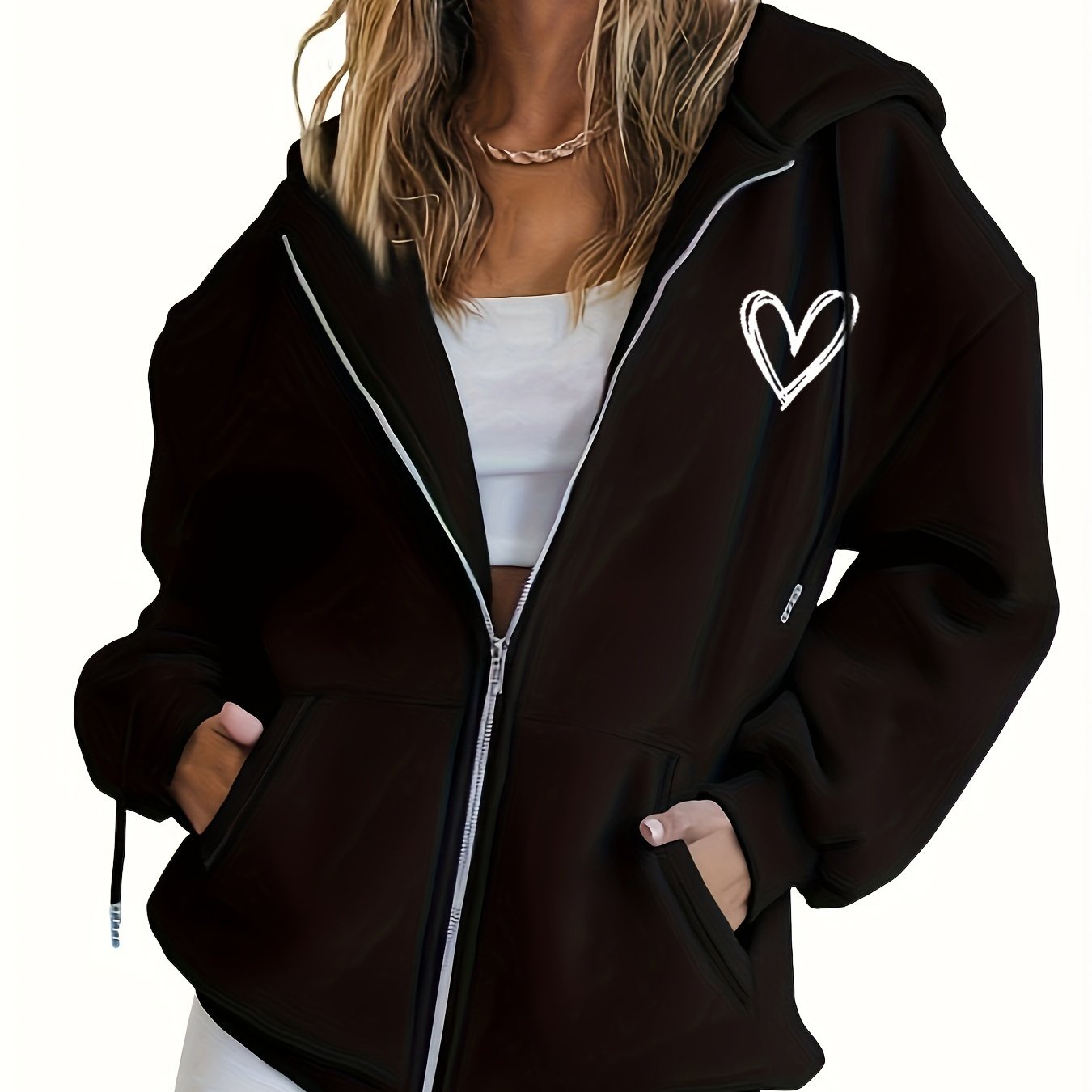 TEMU mode 2024, style , cardigan décontracté à capuche et fermeture éclair, style BF, avec imprimé cœur à manches longues, veste sweat-shirt