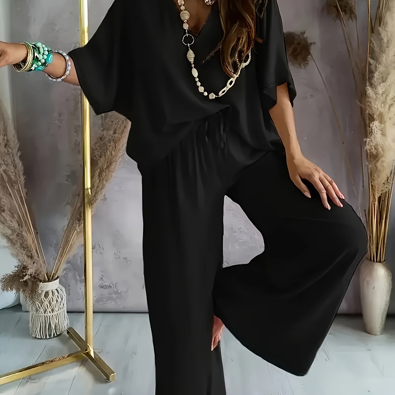 TEMU Casual Solid Color Pants Set, Short Sleeve V-neck Top And Wide-leg Pants Women's 2pcs Set