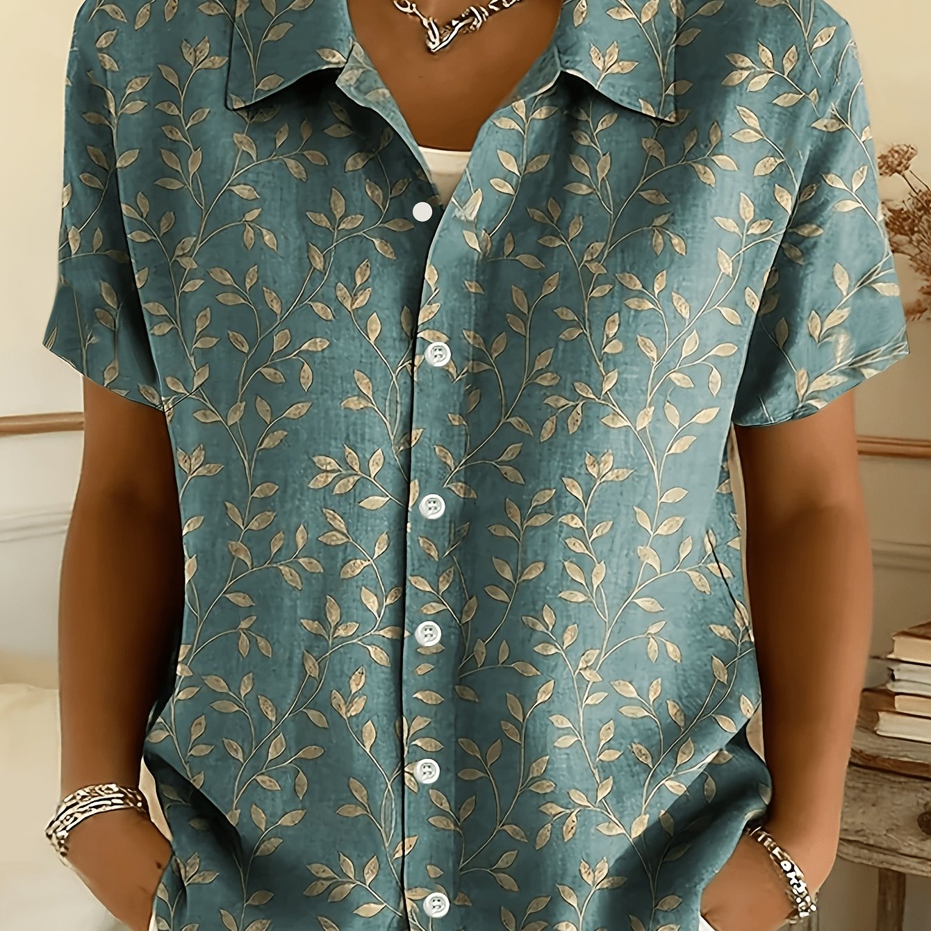TEMU [printed Design - Not Textured] Casual Fashion Plant Leaf Print Women's Short Sleeve Shirt Button-up Top, , Various Sizes Available