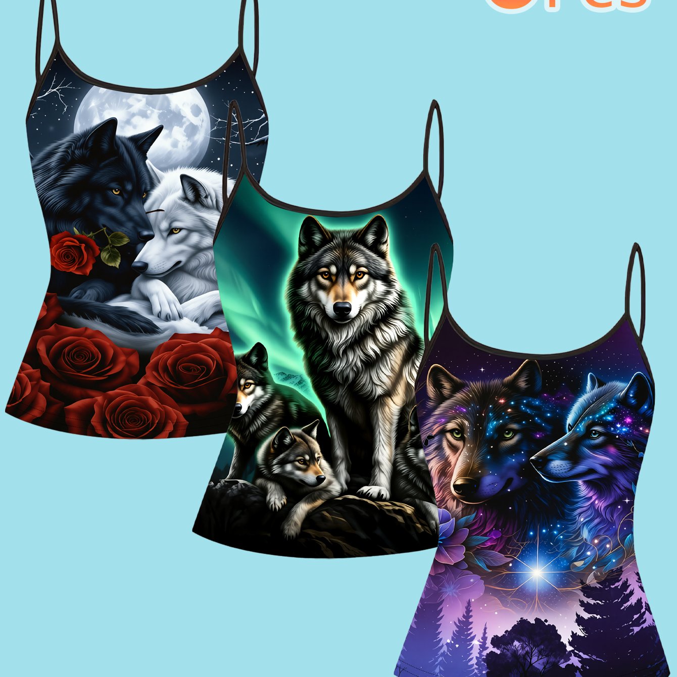 TEMU 3pcs Wolf Tribe Print Tank Tops For Women, Slim-fit Sleeveless Tops With Thin Straps, Wild Style Fashion