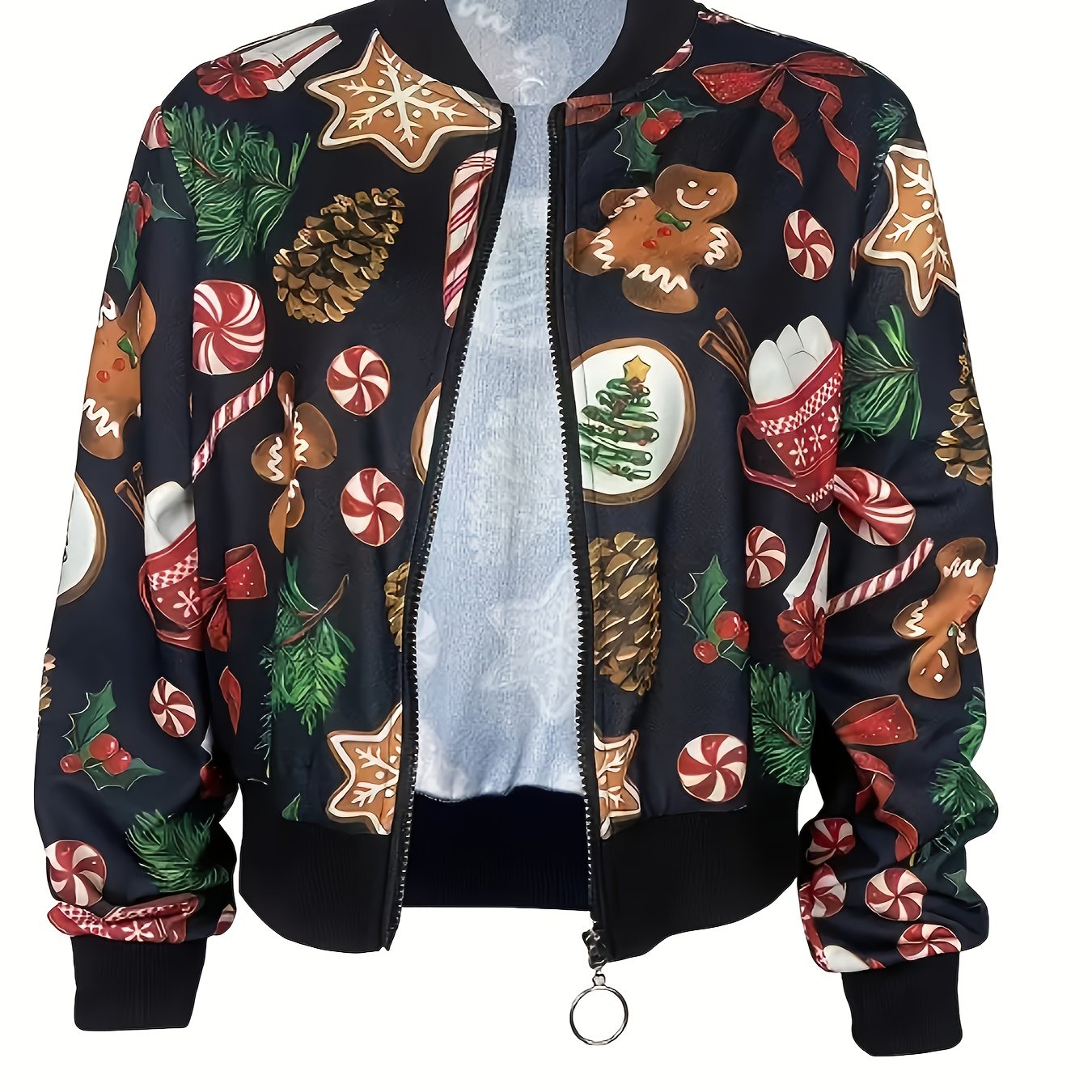 Polyester Women's Casual Long Sleeve Christmas Print Zipper Flight Jacket, Fabric, Round Neck