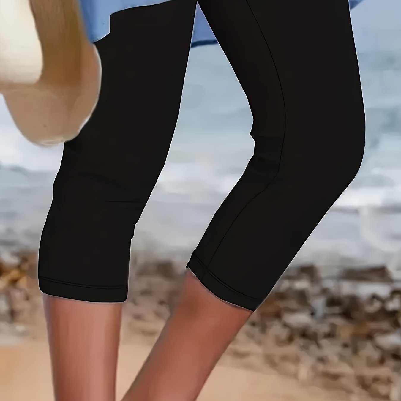 Image of Solid Color Skinny Capri Leggings, Casual Stretchy Leggings For , Women's Clothing