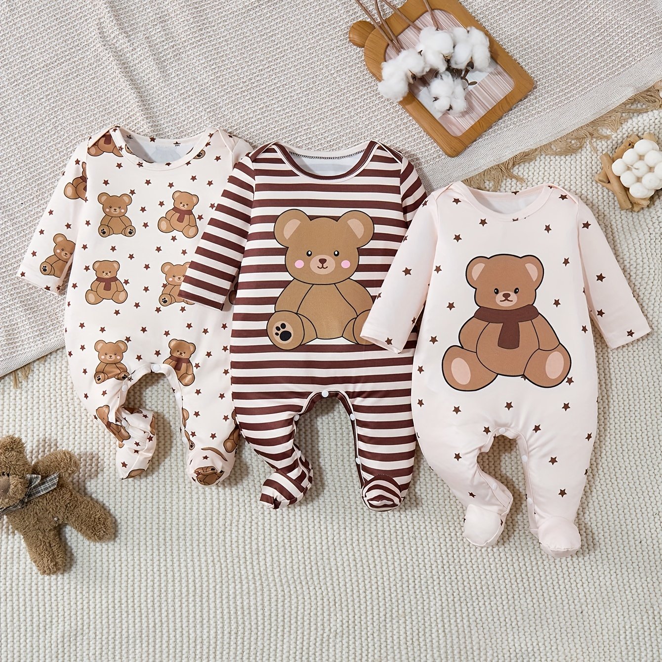 Image of 3pcs Set Of Baby Footed Rompers, Cartoon Scarf Random Bear Print, Striped Long Sleeve , Baby Christening Outfit, Wear, Soft Fabric, Baby Boy Crawling Suit