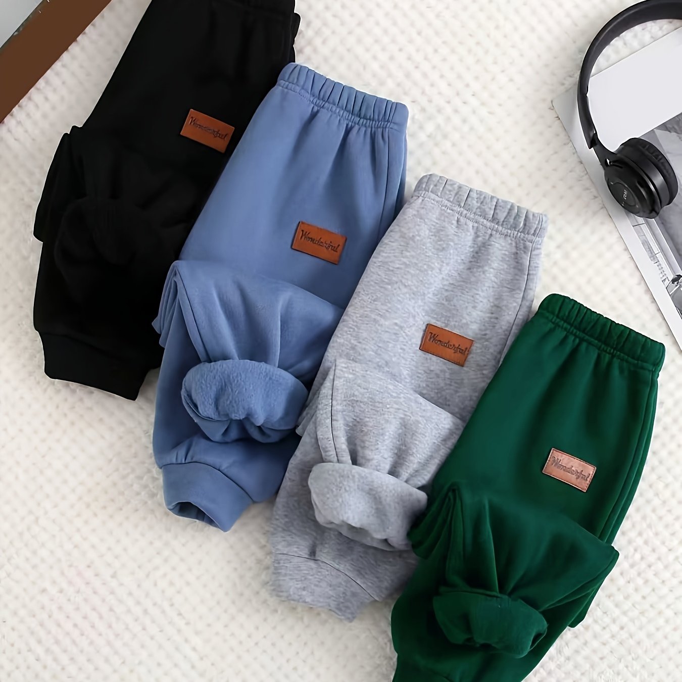 Image of 4pcs Autumn/winter Brushed Solid Color Pants With Patch Pockets, Casual Preppy Style For Outdoor Activities, Perfect For Outdoor