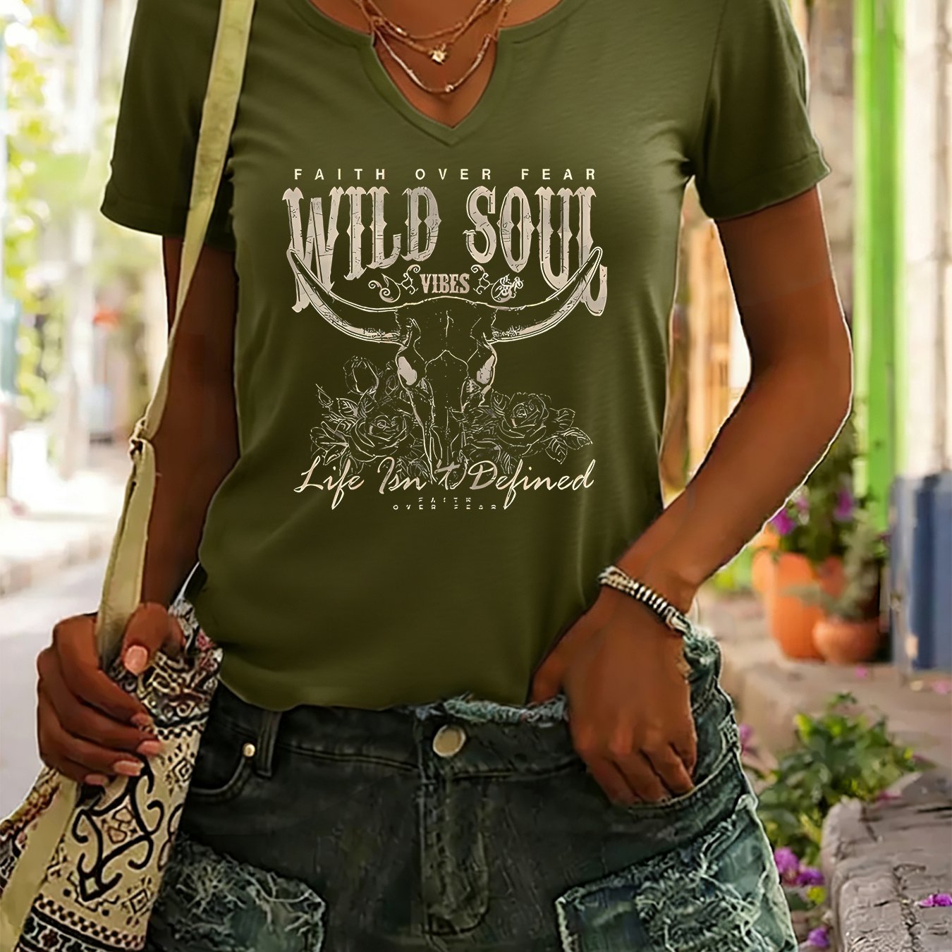 TEMU Women's Summer V Neck T Shirt, Retro Bull Skull Graphic Tee, Western Style Inspirational Quote Print Blouse, Loose Fit Casual Daily Wear, Trendy