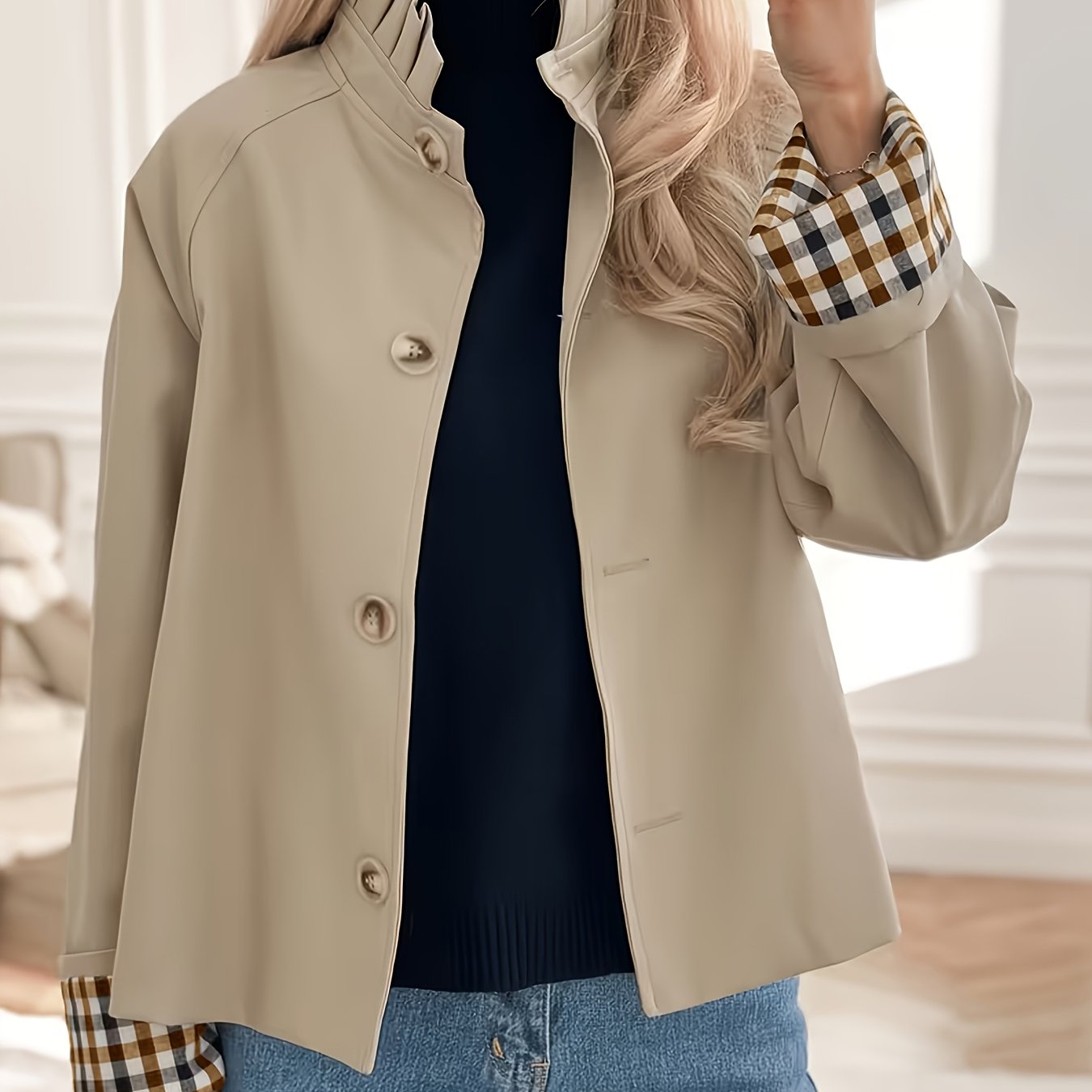 TEMU Women's Cropped Trench, Balancing Professionalism With A Relaxed Vibe. The Lining Adds Textured Details, Making Commuting Outfits Effortlessly ,