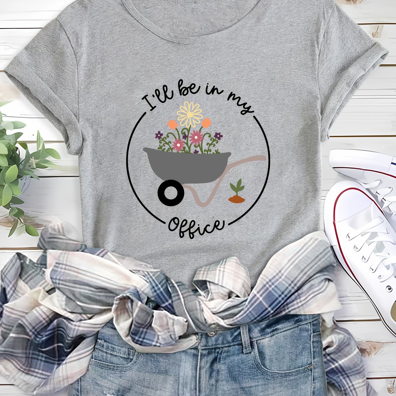 TEMU Women's Casual Loose Summer T-shirt With " " Gardening Wheelbarrow Fit, Soft Fabric For Wear