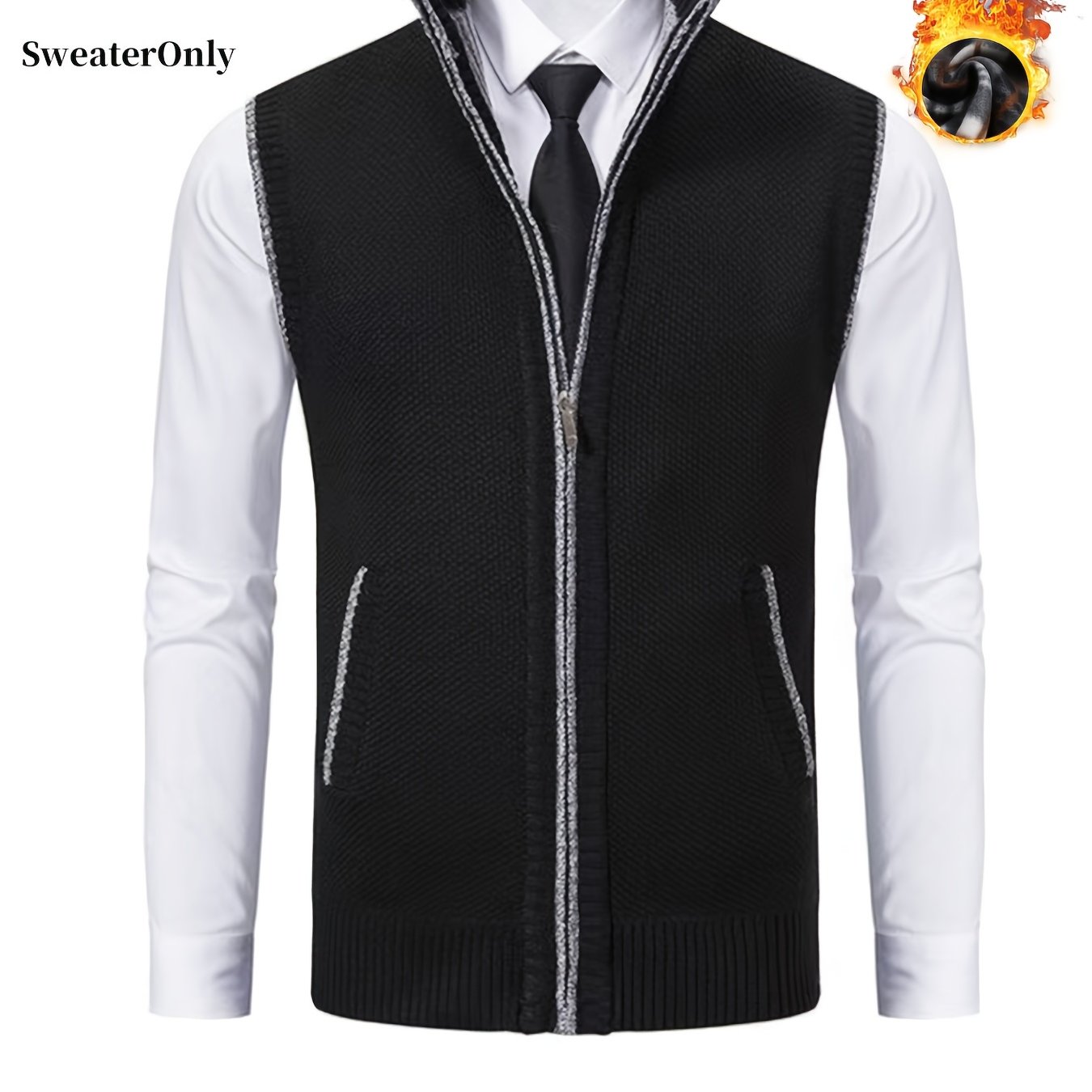 TEMU Gilet cardigan manches pour homme, doublé, tricoté, à fermeture éclair intégrale, col , chaud, décontracté, professionnel, avec poches, pour et