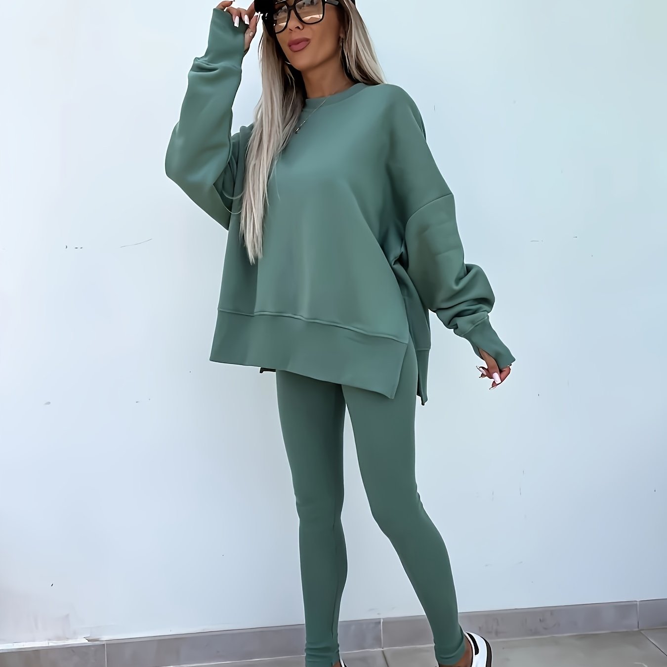 TEMU Women' Color Long Sleeved Hooded Sweatshirt And Leggings Set - Casual Outdoor Yoga Fitness Two-piece Set