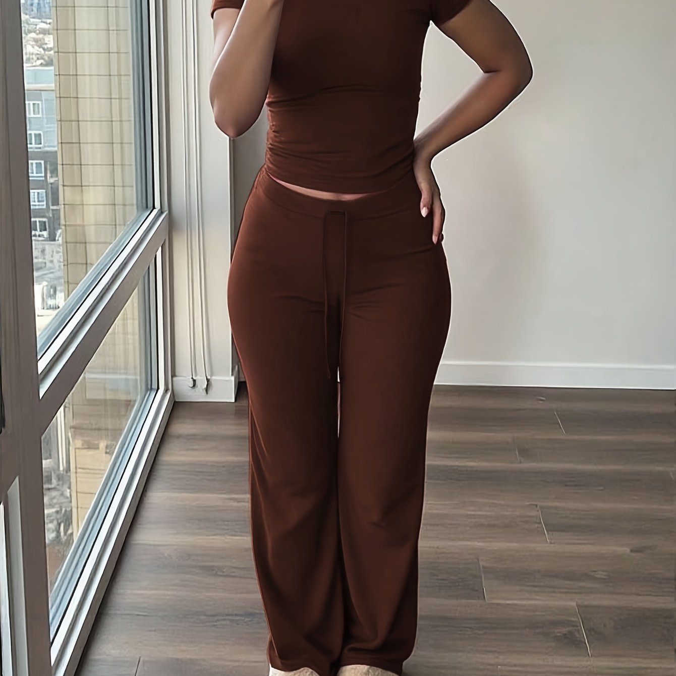 TEMU Women's 2pcs Short Sleeve Top And Wide-leg Pants Set, Fake Drawstring Waistband, Casual Outfit, Wear, Daily Attire, , Short Sleeve Top, Women's
