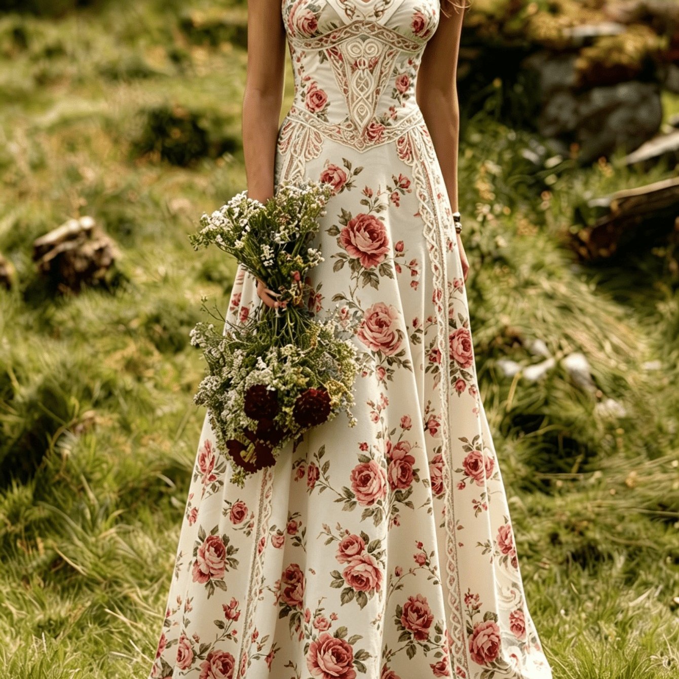 Image of Women's 2026 Summer Vintage Celtic Floral Print V-neck Sleeveless Maxi Dress, Elegant A-line Flowy Dress, Beach Vacation Daily Wear, Party Banquet Luxury Slip Evening Dress