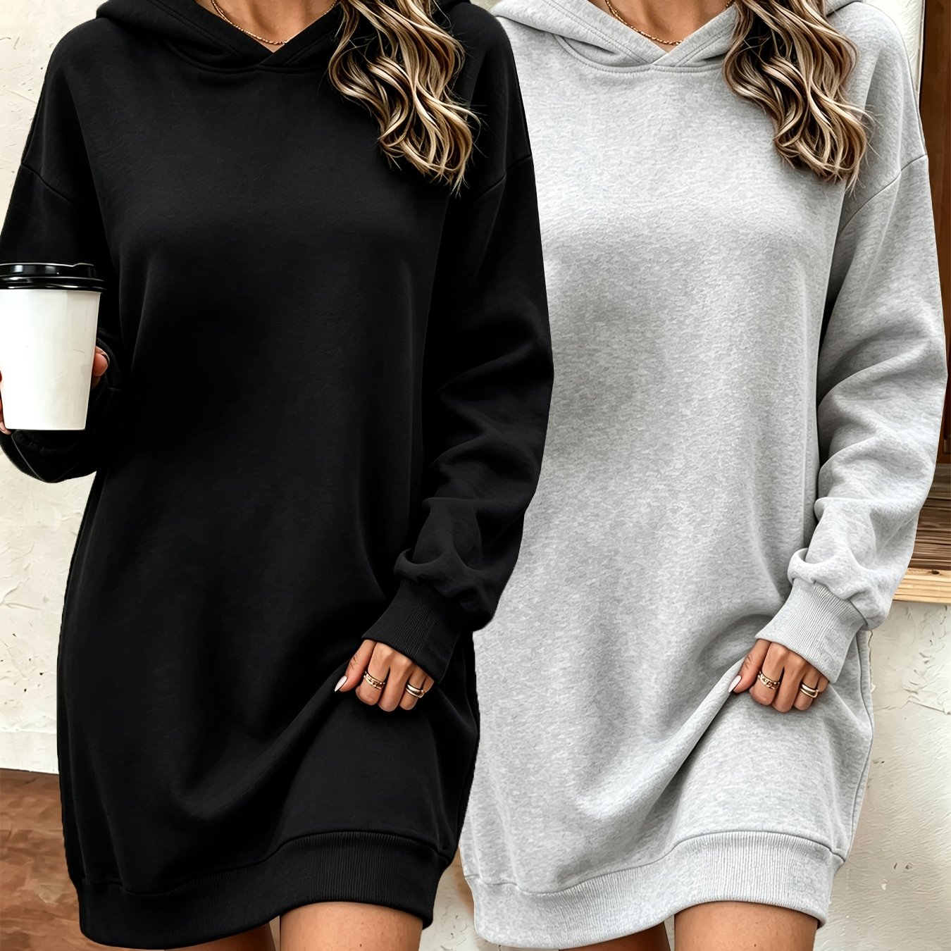 TEMU Two-pack Long Hooded Sweatshirt Dress For Women, Autumn/winter Thickened Top, Versatile Loose Fit Casual Long Sleeve Hoodie