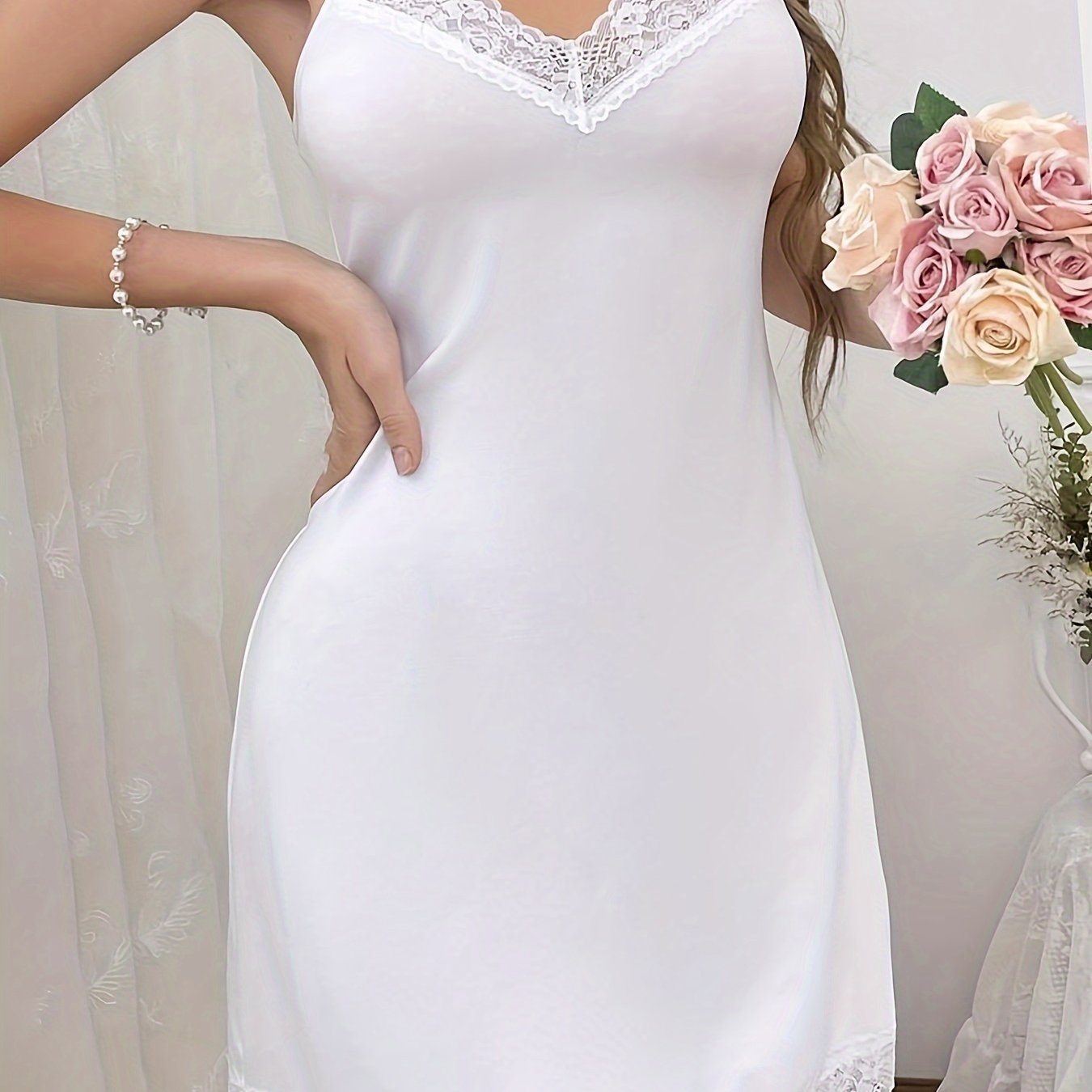 Image of Women's Fashion Elegant Sexy Lace Strap Nightgown Solid Color Dress Medium Stretch Comfortable Casual Sleepwear