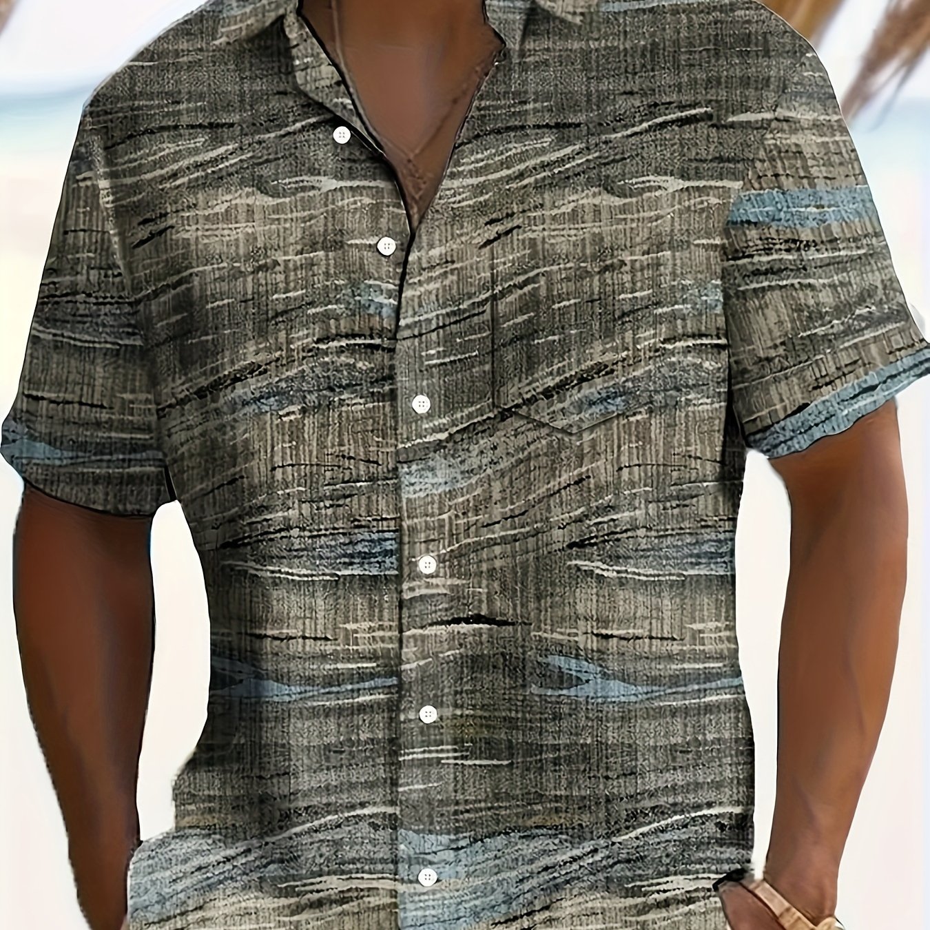 TEMU Vintage Geometric Texture Abstract Art Men's Lapel Short Sleeve Shirt, Comfortable Soft Relaxed Fit For Men Casual Wearing And Outdoor