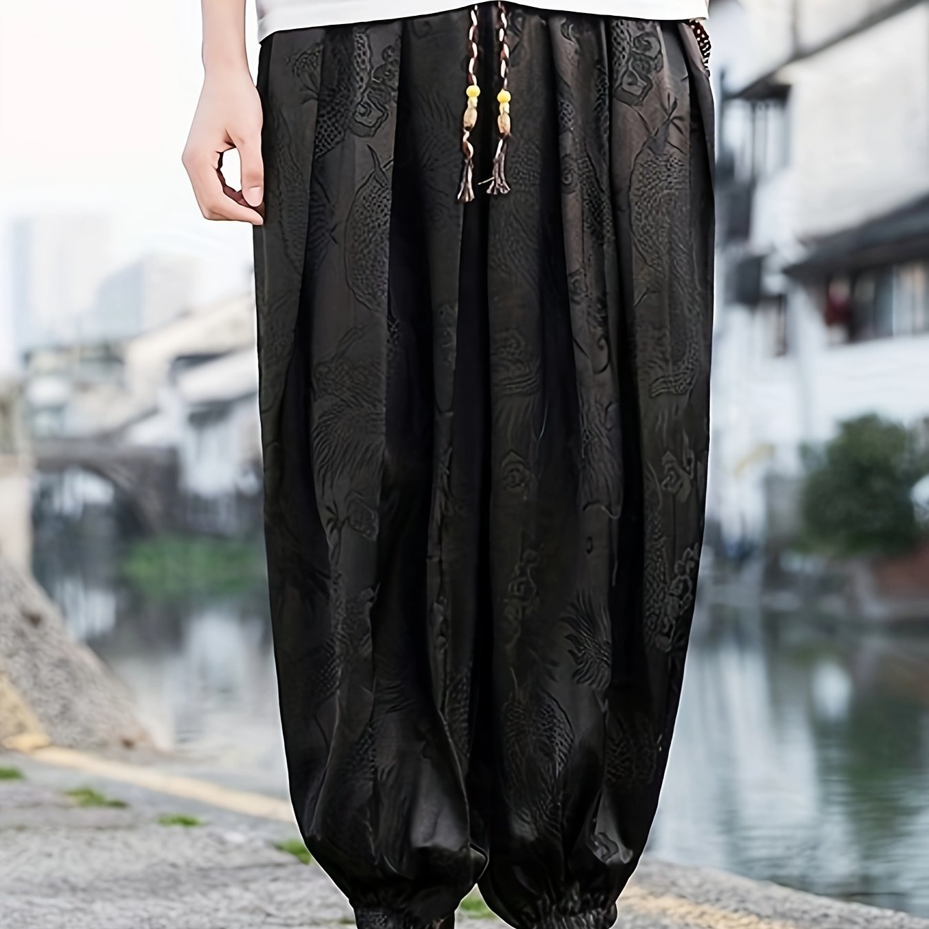 TEMU メンズ ルーズフィット ワイドレッグパンツ ドラゴンプリント付き - 高品質の伸びない素材、伸縮性のあるウエストバンド&ドロー、軽量の夏用カジュアルパンツ アウトドア活動用、快適な服、耐久性のある服