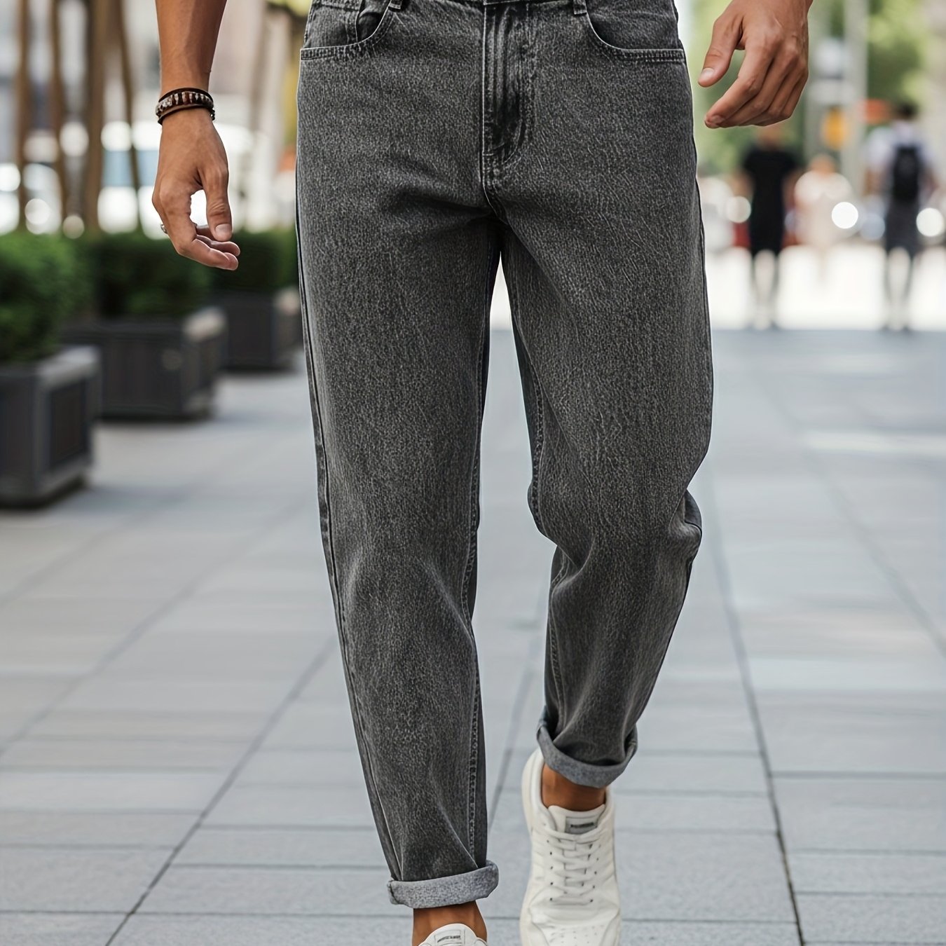 TEMU [hme] Minimalist Men's Jeans, Snowflake Washed Grey, Three-dimensional Cut Mid-waisted Straight-leg Pants, Suitable For Business And Casual