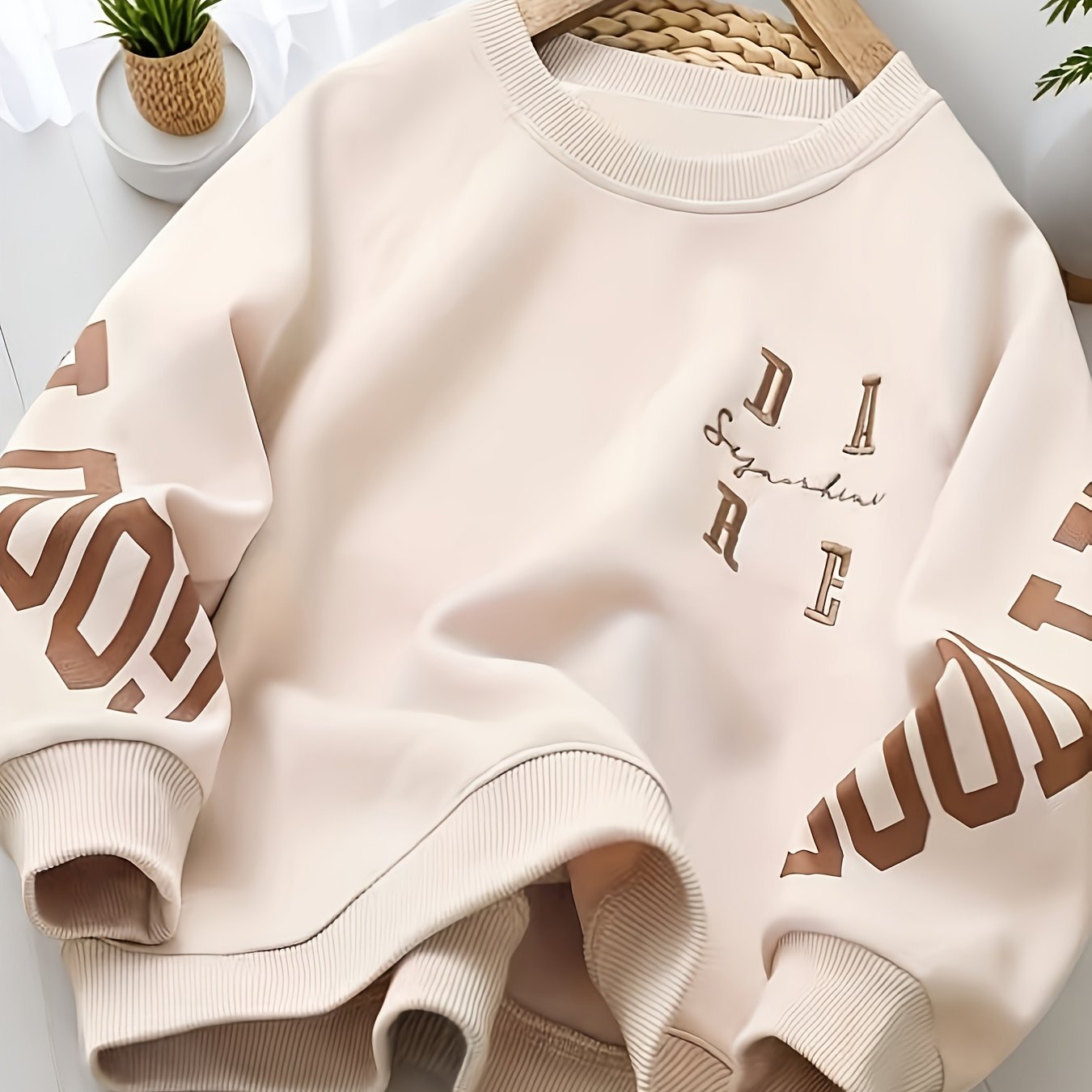 Boys' Spring/autumn Round Neck Sweatshirt With Dare Letter Embroidery, Fashion Printing, Regular Cut