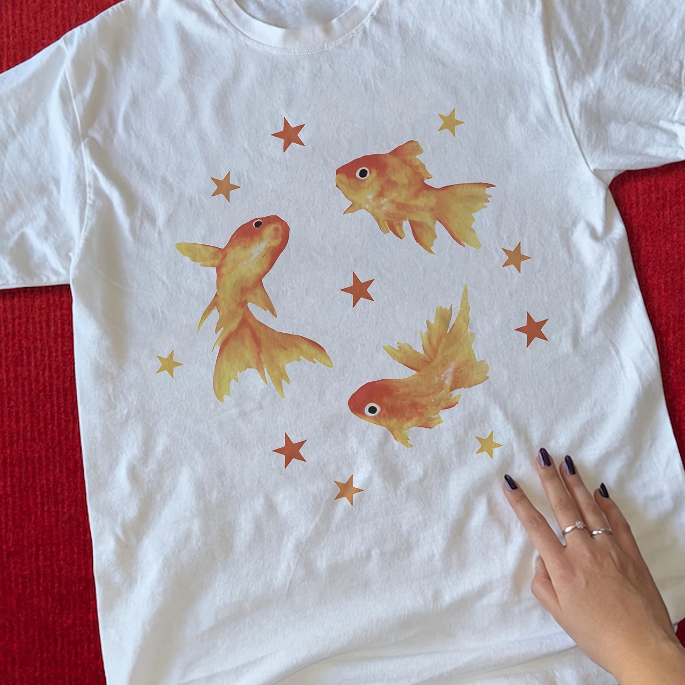 TEMU Y2k Retro Goldfish T-shirt - Semi-sheer Small Round Neck Beach Style Top With Koi Fish Print, Cute Suitable For Spring Summer Casual Wear,