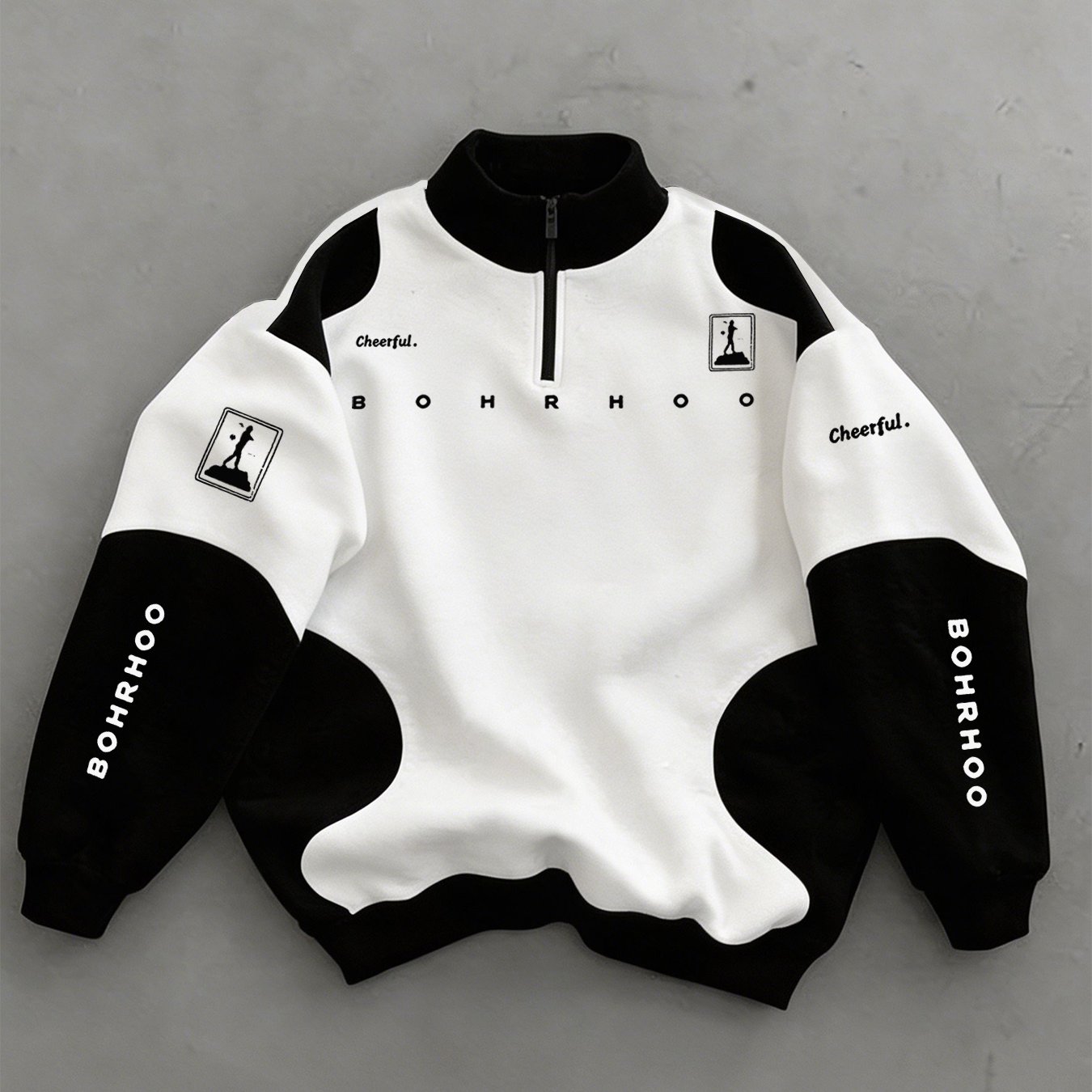 TEMU New Autumn Winter Men's Half-zip Collar Sweatshirt, Black And White Irregular Design, Trendy Print, Double Sleeve Vertical Same Font Logo,
