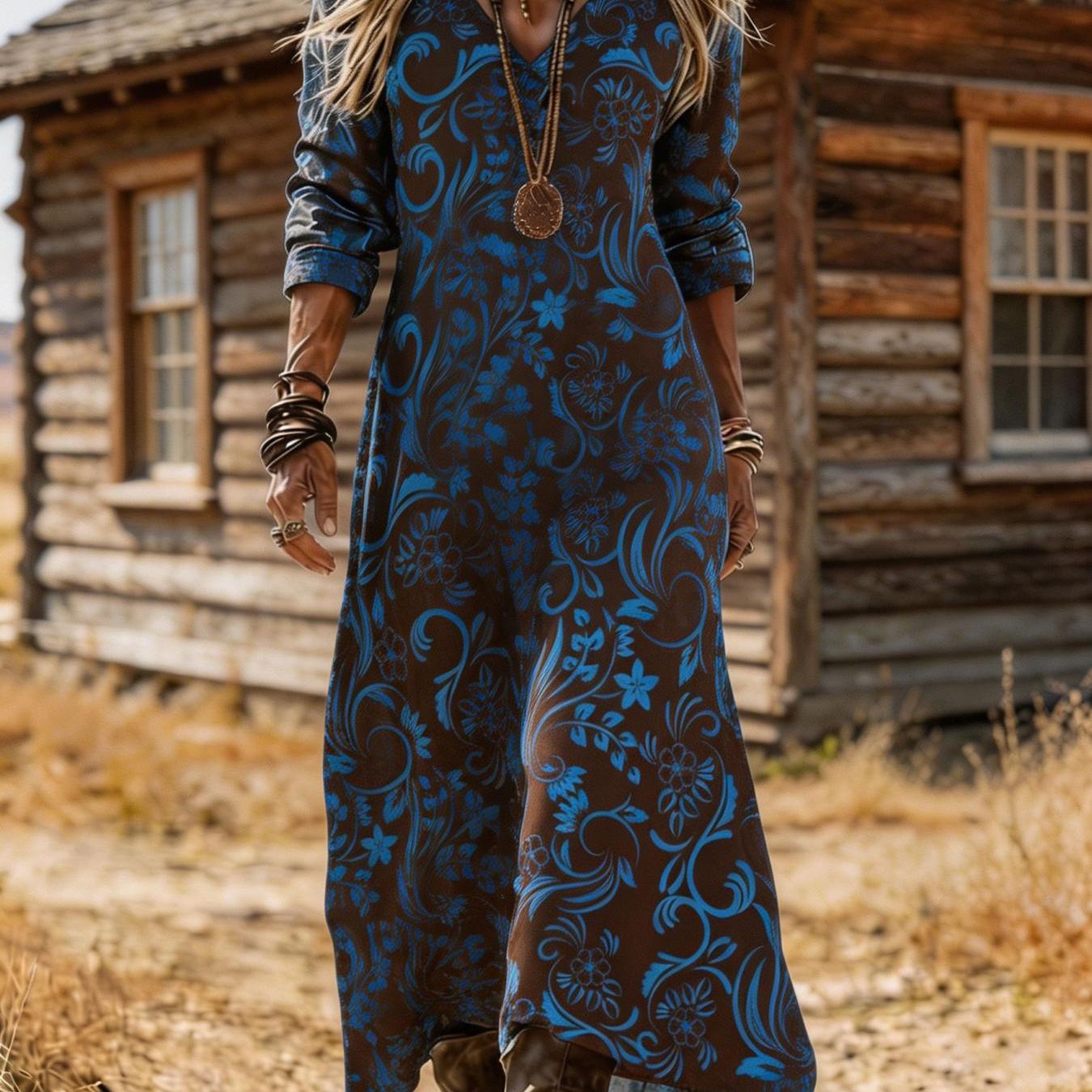 Image of Women's Long-sleeve V-neck Dress Exudes A Vintage Blue Floral Ethnic- With Its Comfortable Relaxed Fit. Suitable For , Making It A Versatile For Everyday Wear, Dates, Or Vacations