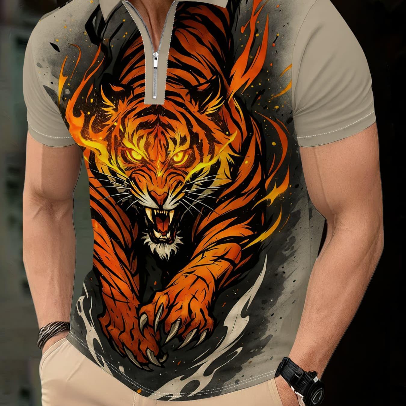 TEMU Men's Tiger Print Zipper Shirt Short Sleeve T-shirt - Collar Tiger Pattern Top, Machine Washable Casual Summer Blouse (regular Fit For -casual