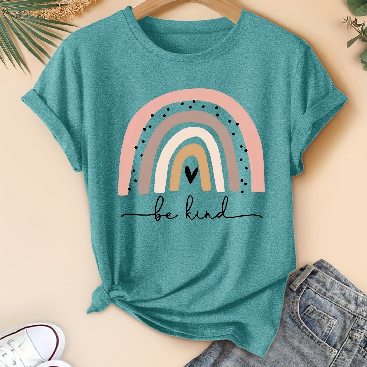 TEMU Single-pack Women's "be Kind" Vibrant Style Short-sleeve T-shirt With Colorful Heart Print, Medium-stretch Breathable Summer Crew Neck Casual
