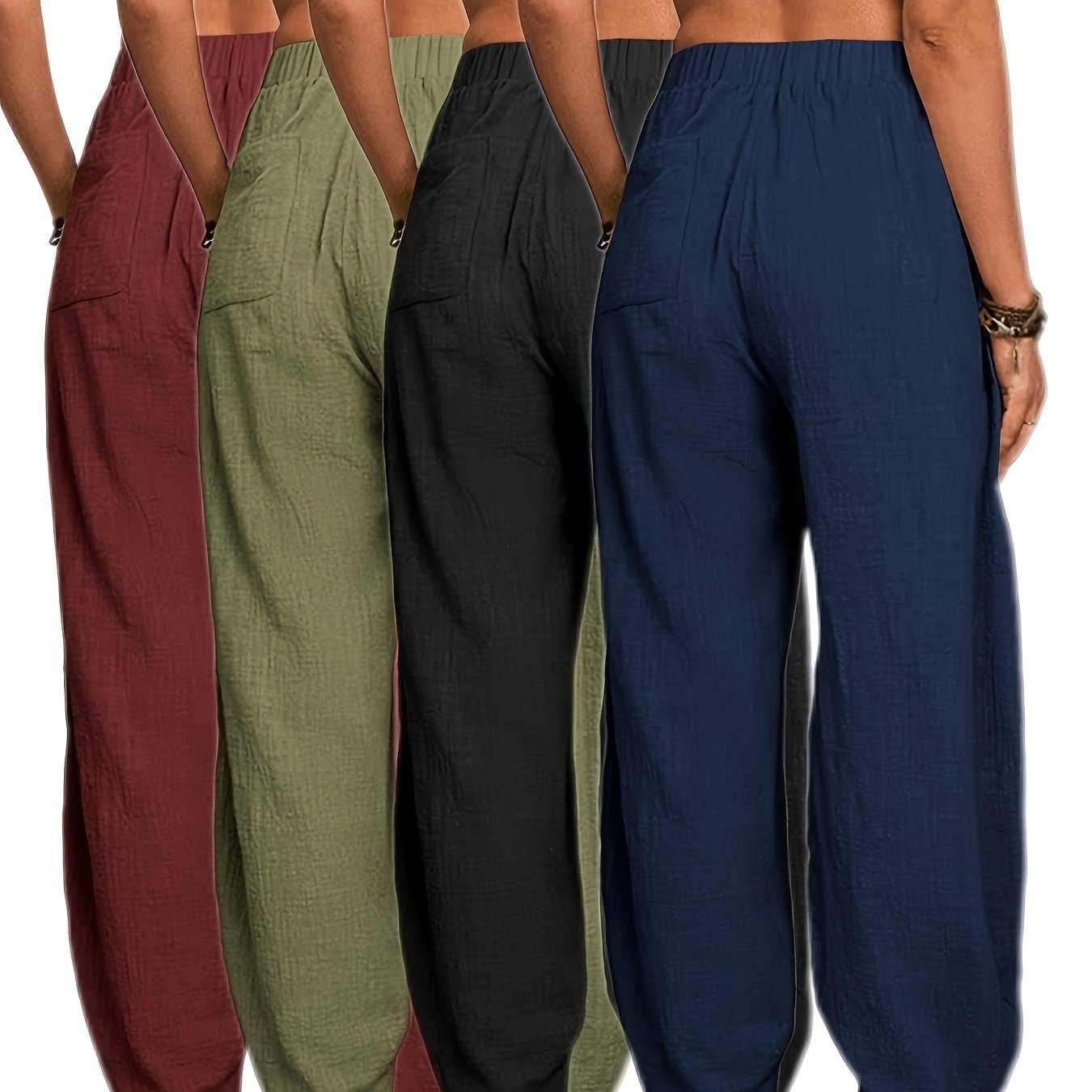 TEMU 4-pack Women's Casual Loose-fit High-waisted Pants With Waistband And Pockets-solid Color, Loose Fit. Wear, Leisure, Work, Walking, Running, The