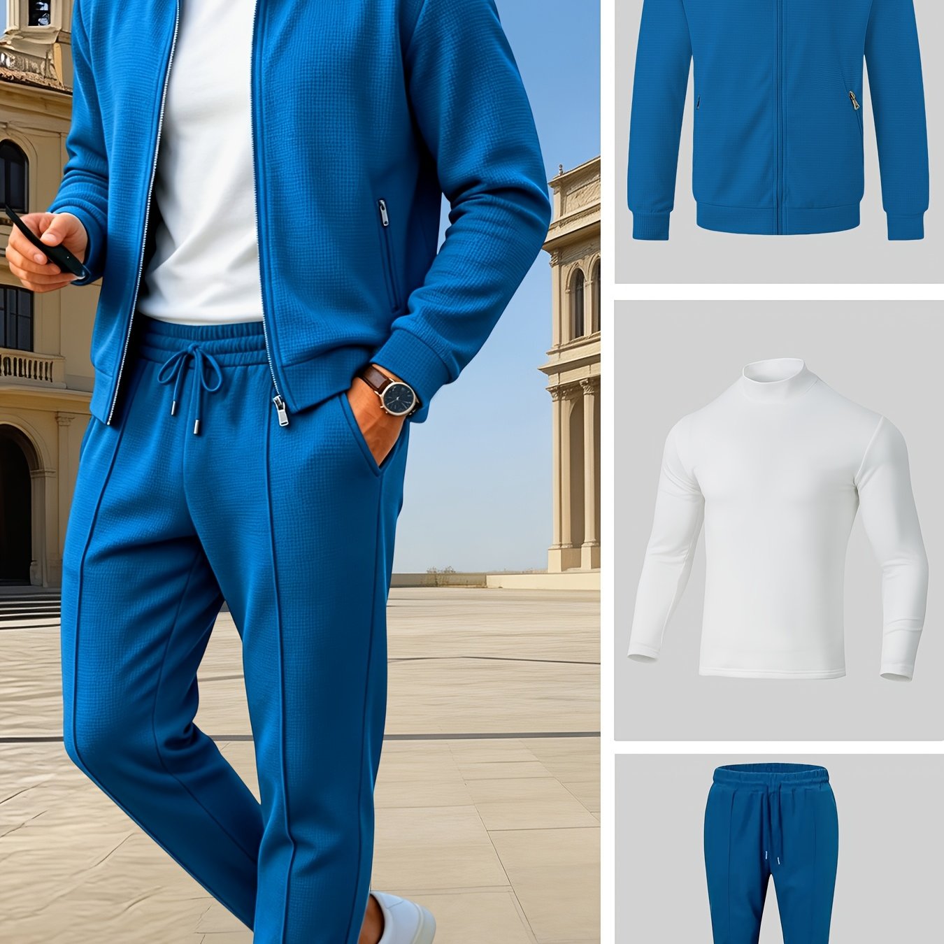 TEMU Men's Waffle Knit Casual 3pcs Set, Lightly Mature : Notched Lapel Zipper Jacket   Half-turtleneck Base Layer   Drawstring Casual Pants, For