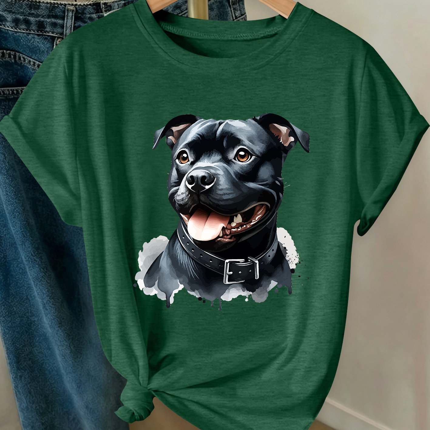 TEMU Plus Size Women's Staffordshire Bull Terrier T-shirt - Vintage Watercolor Dog Print Round Neck Short Sleeve Top, Soft Loose Fit Suitable For
