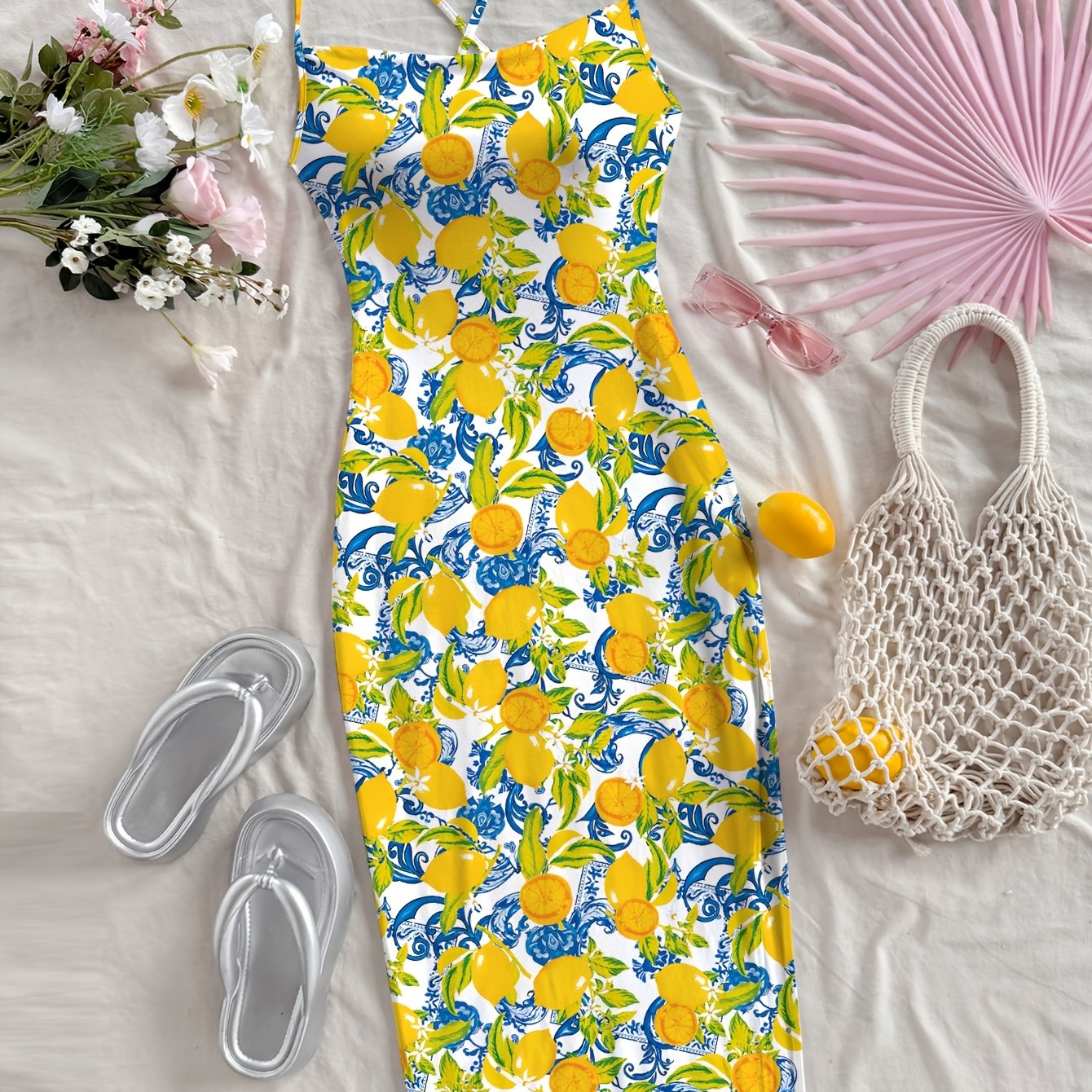 TEMU Summer Lemon Print Suspender Dress Women, Hot Waist-cinching Hip-hugging Mid-length Dress, Seaside Suspender Dress