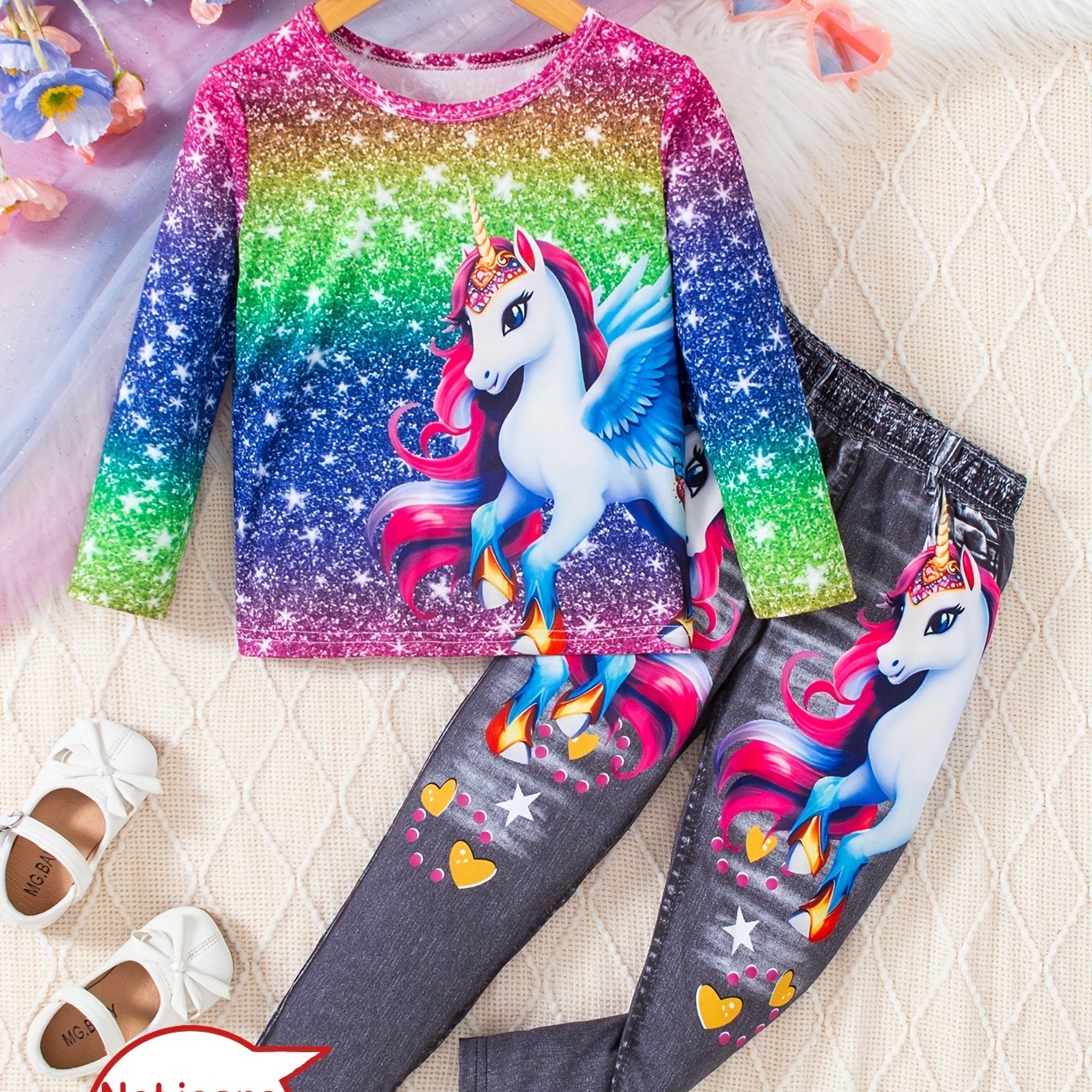 Girls' Set Cute Flying Horse Pattern Denim Pants 2pcs Set Camouflage Print Top Long Sleeve, For Outdoor