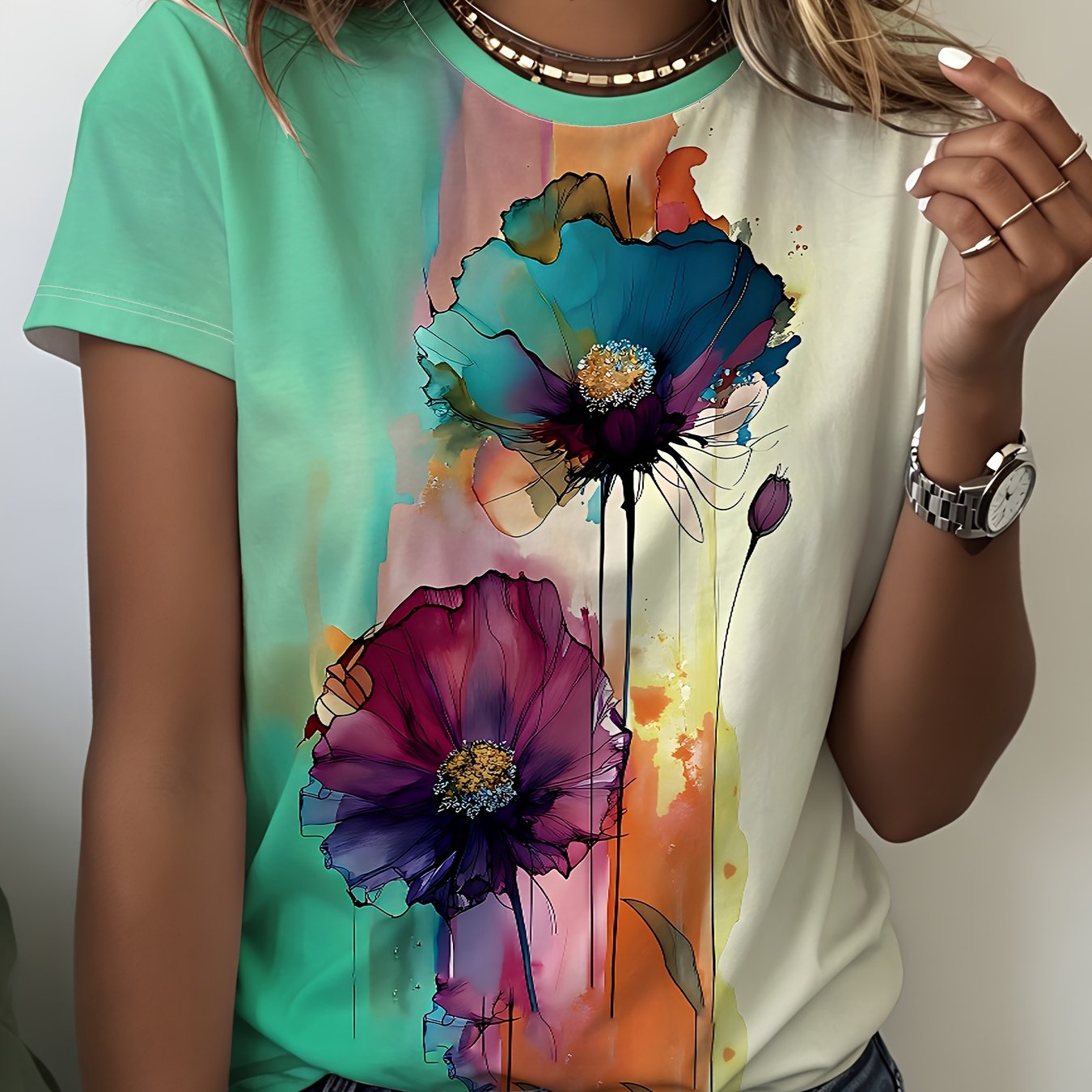 TEMU Top a Y casual da donna con stampa in stile vintage , T-shirt a maniche corte con scollo , Abbigliamento , Stile da weekend, Moda vintage,