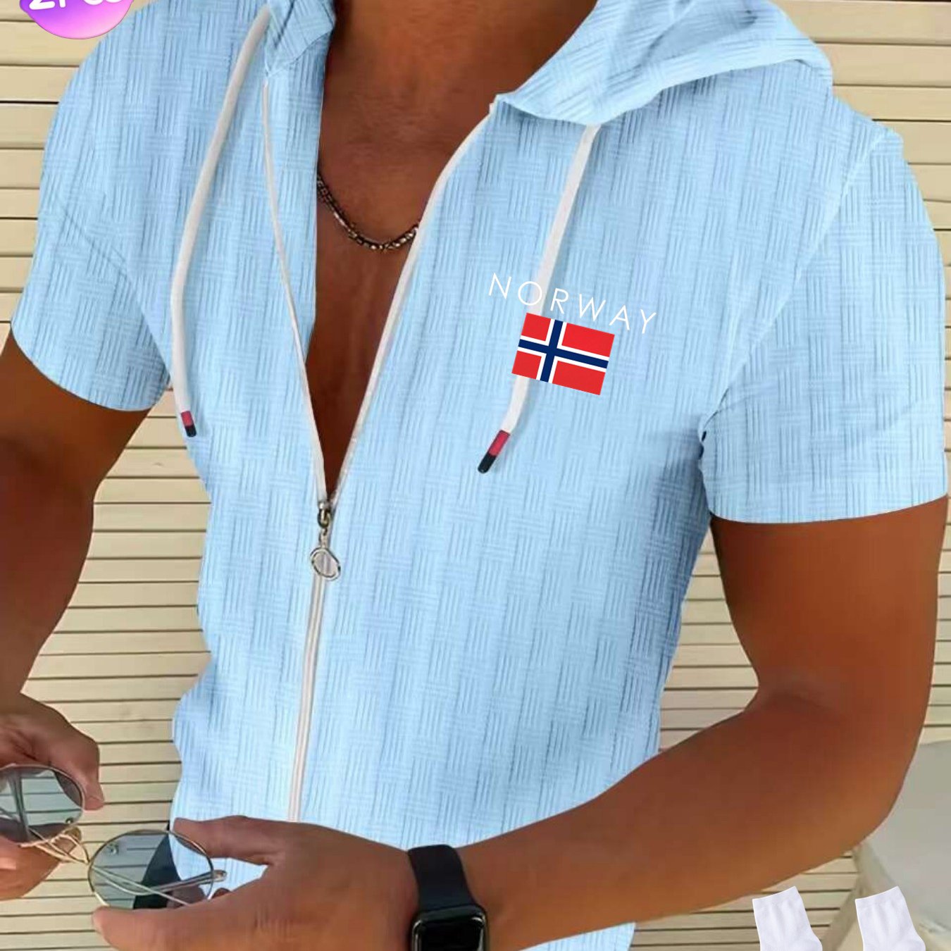 2pcs Summer Fashion Solid-color Checked Texture Men's Zipper Short-sleeved Hooded Casual Sports Beach Short-sleeved Hooded Shirt