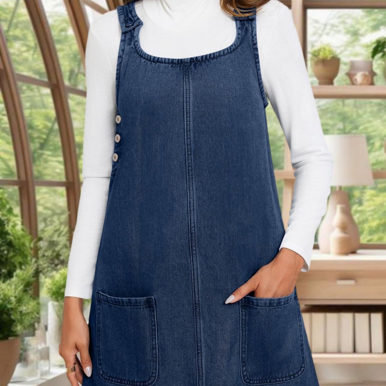 Image of Women's Spring Summer Daily Sleeveless Casual Denim Dress Crewneck Vintage Overall Mini Dress With Pockets