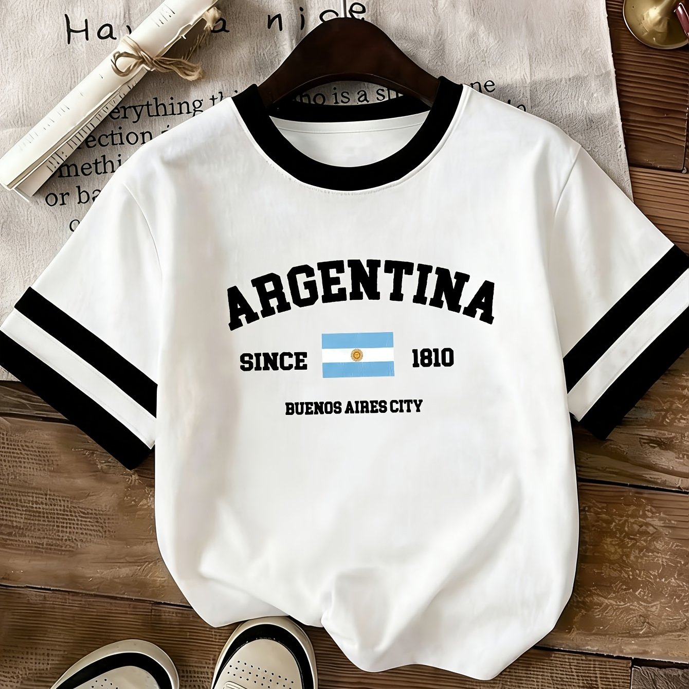 TEMU 2026 Spring/summer New Women's Round Neck Personalized Design Argentina Flag Letter Print Short-sleeved Casual Comfortable Fashionable
