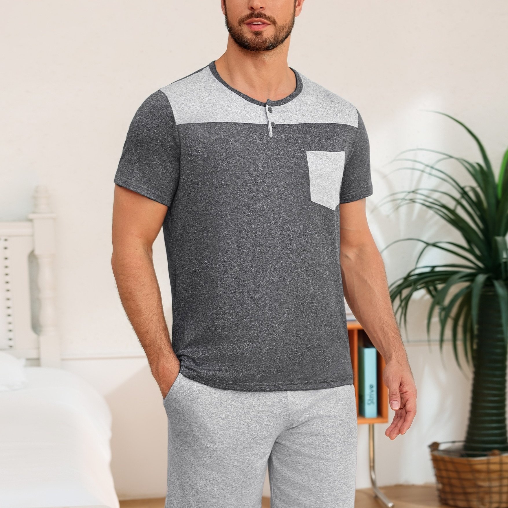 Image of Men's Short Sleeved Summer Pajamas, T-shirt And Shorts 2pcs Set