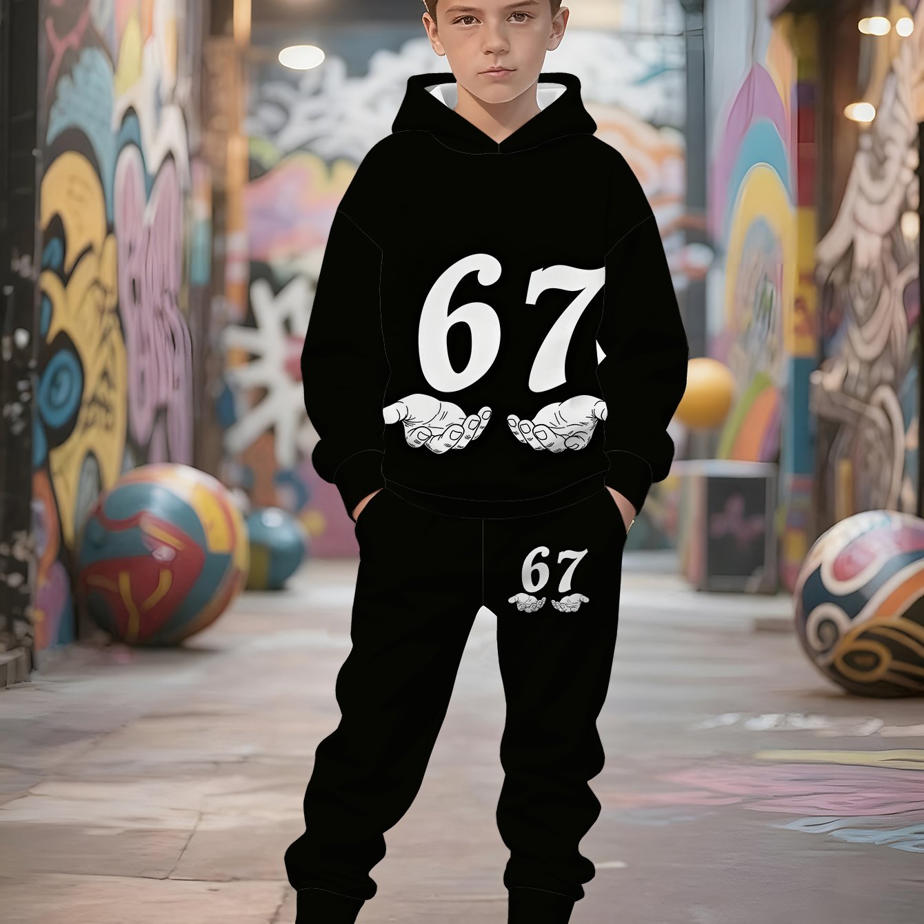 TEMU [cool Casual| Digital Printing] Boys' Creative Number And Palm Element Print, Trendy Hoodie Set, 3d Printed Hooded Sweatshirt, Boys' Fashion