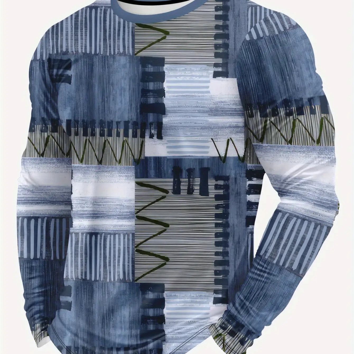 TEMU Men's 3d Full Print Long Sleeve T-shirt - Blue - Inspired Geometric Pattern With White/black/gray/beige Vertical Stripes, Breathable Crew Neck