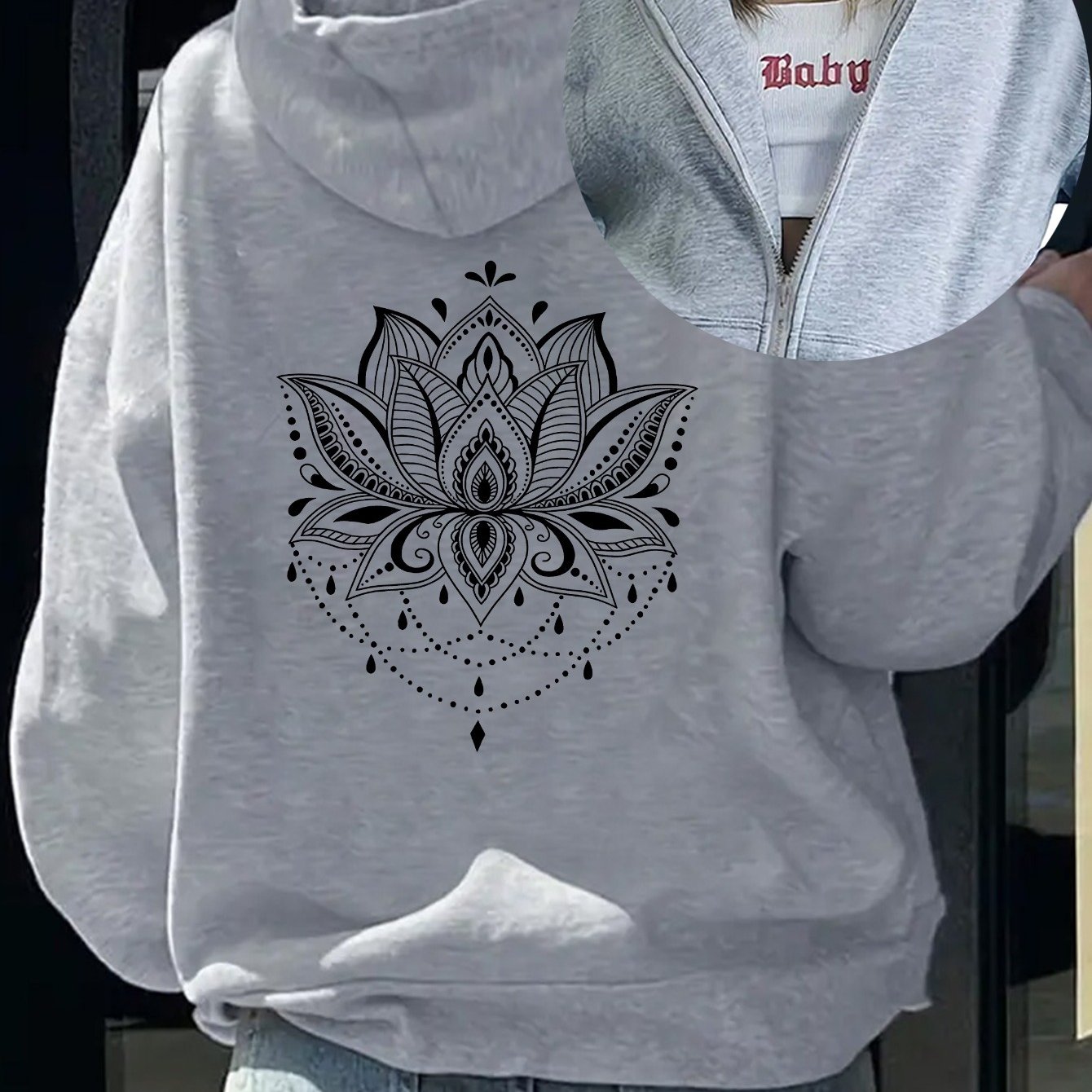 TEMU Mandala Lotus Women's Fashionable Casual Sports Hoodie, Zipper Design, Back Print