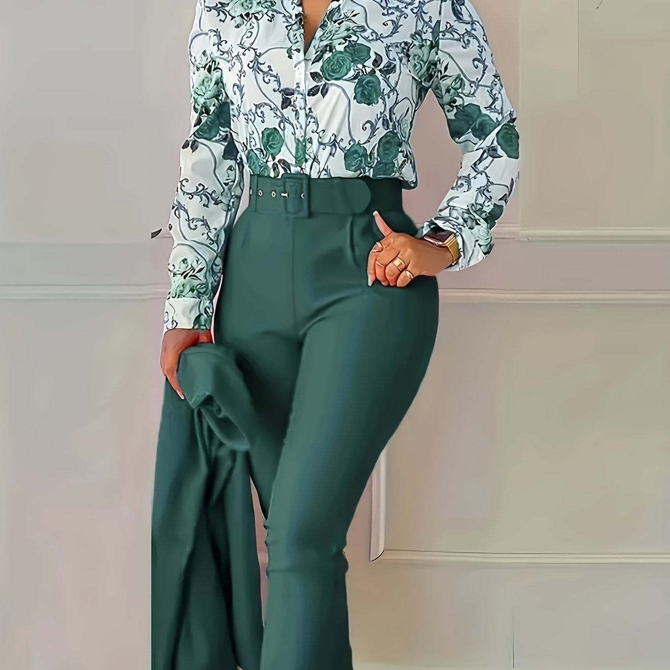 TEMU Elegant Two-piece Set, Floral Print V Neck Long Sleeve Blouse & Solid Belted Tapered Pants Outfits, Women's Clothing