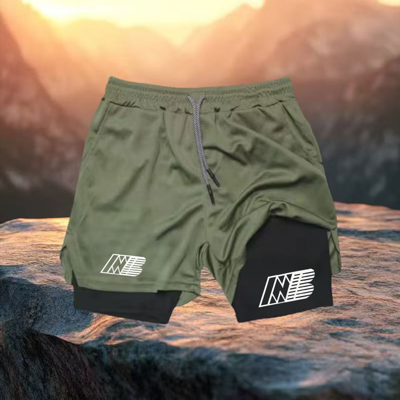TEMU Men's Training Athletic Quick-dry Double Layer Shorts With Nb Print - Cozy And Breathable, Perfect For Spring/autumn, Comfortable For Gym And